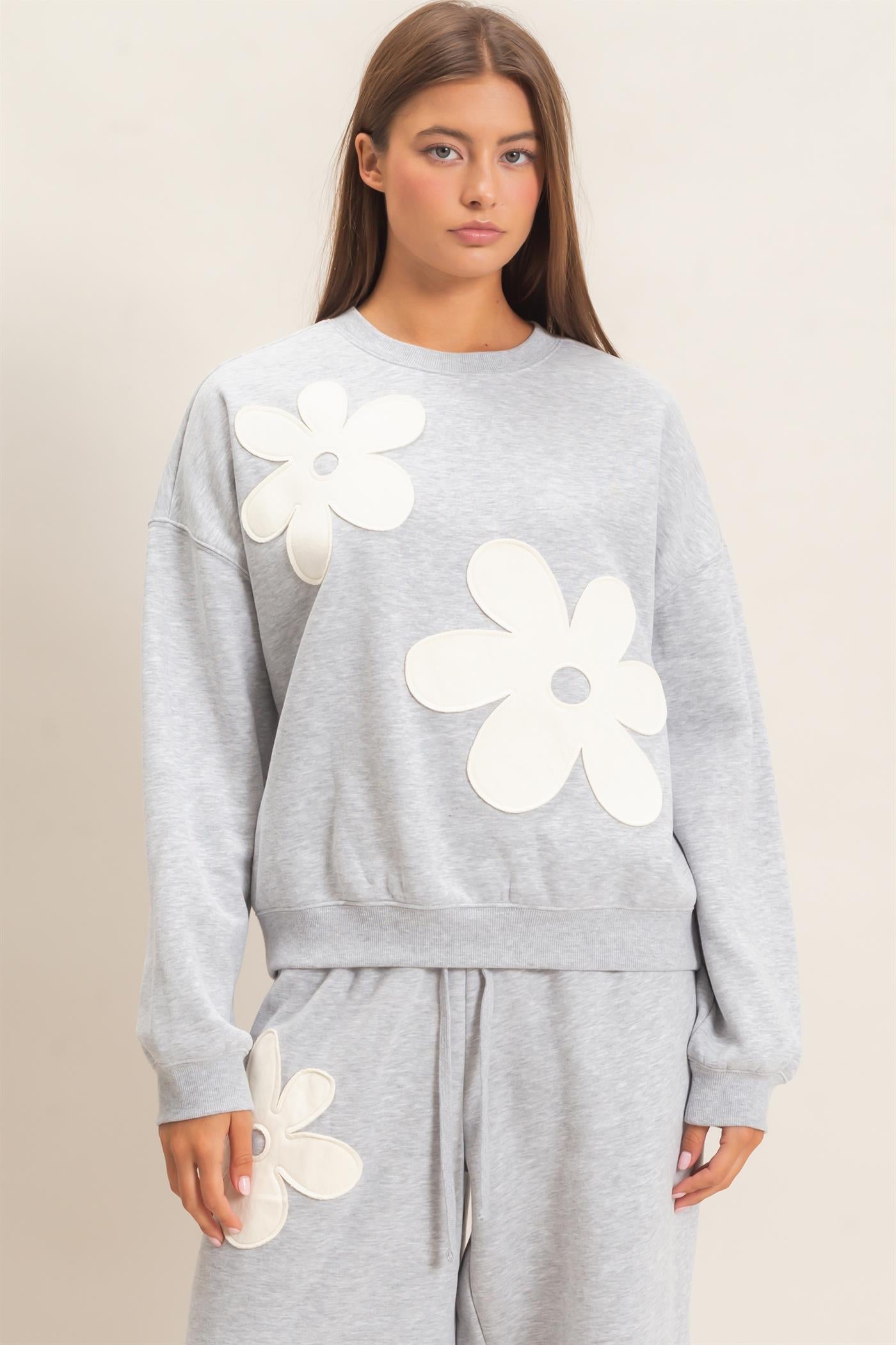 Wholesale Floral Applique Crew Neck Sweatshirt Sweatshirts DZ26E708 HEATHER GRAY DOUBLE ZERO