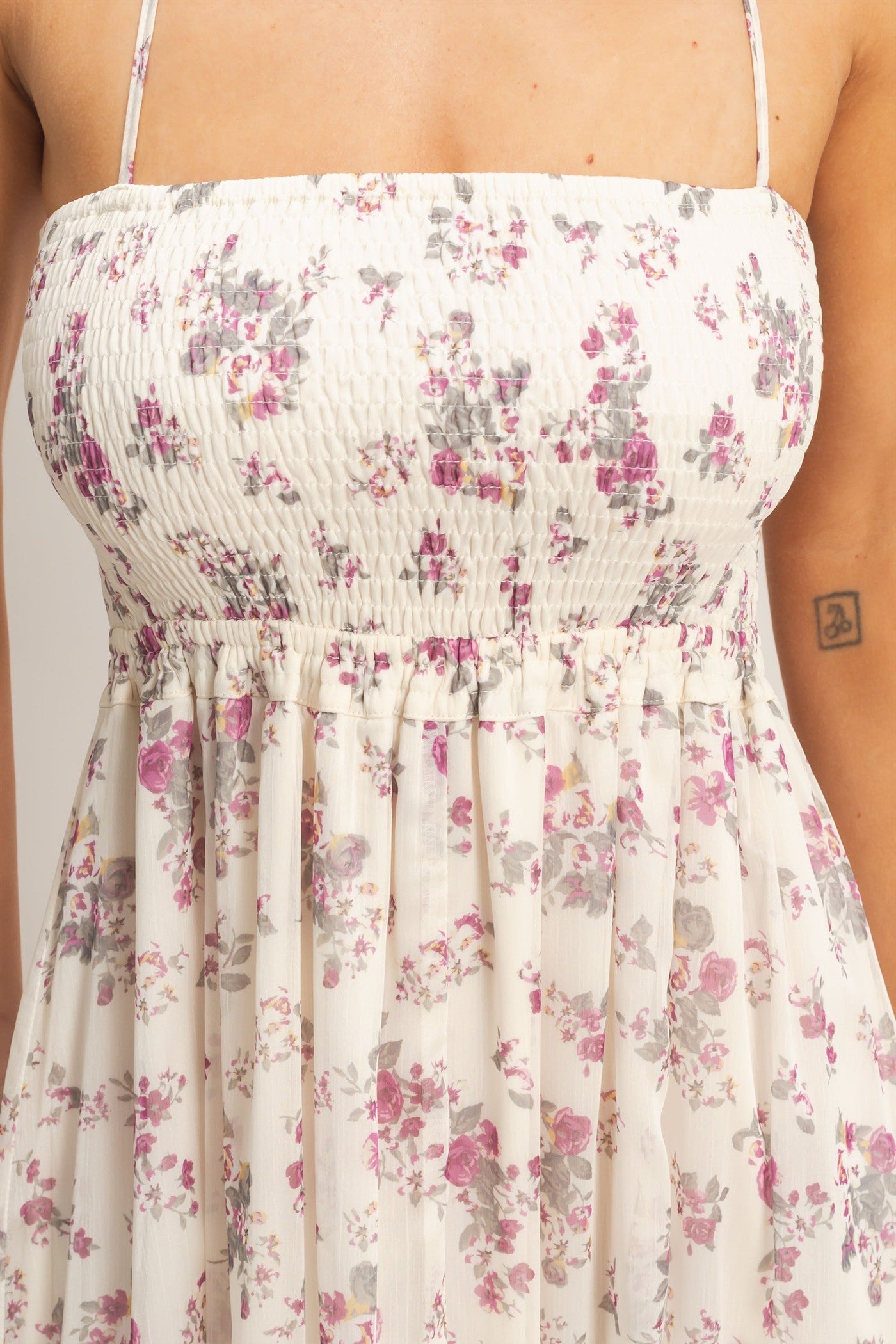 Wholesale Smocked Floral Maxi Dress Dresses HF26E648 ROSE WINE HYFVE