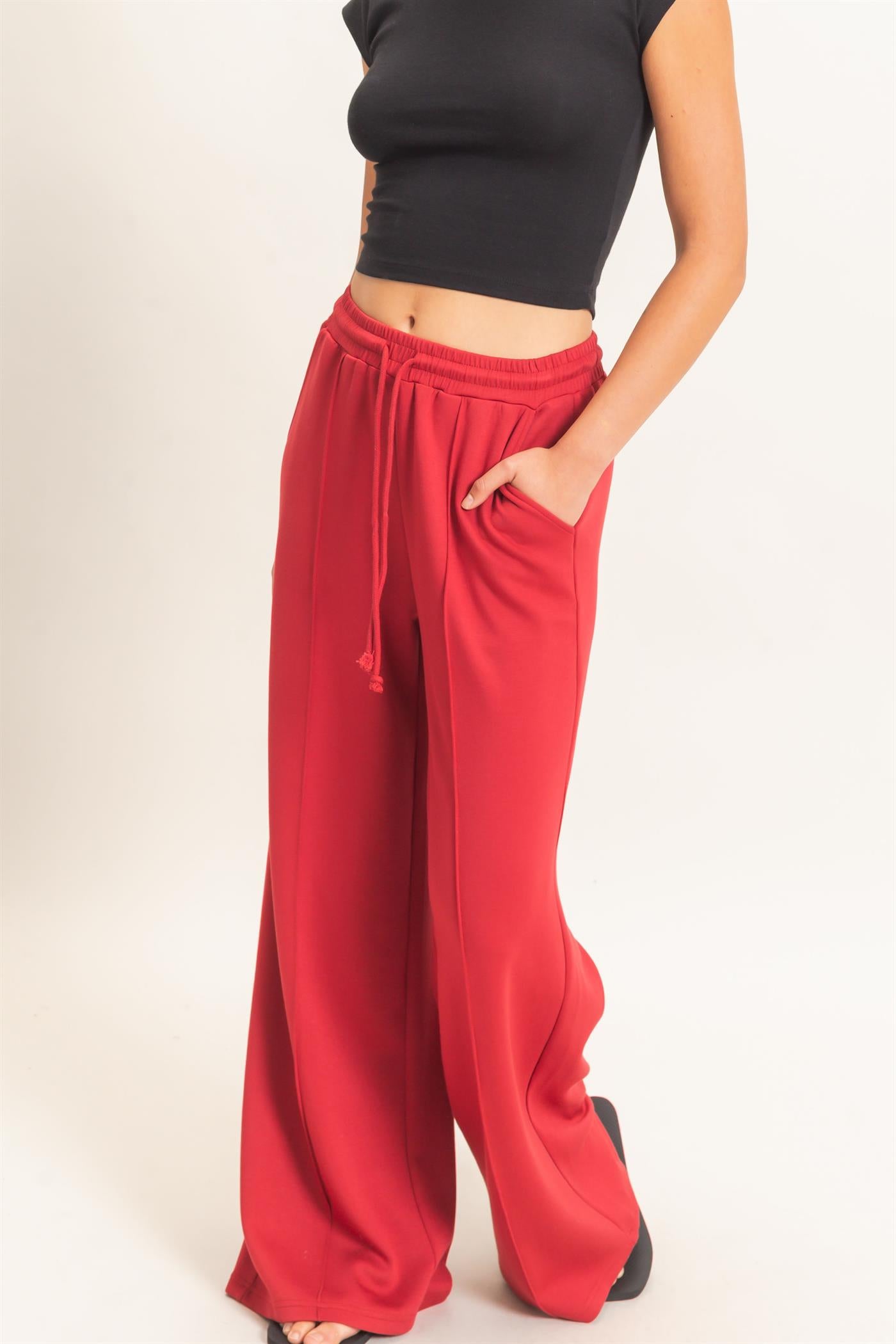 Wholesale Drawstring Waist Pintuck Wide Leg Pants Pants DZ26E384 DARK RED HYFVE