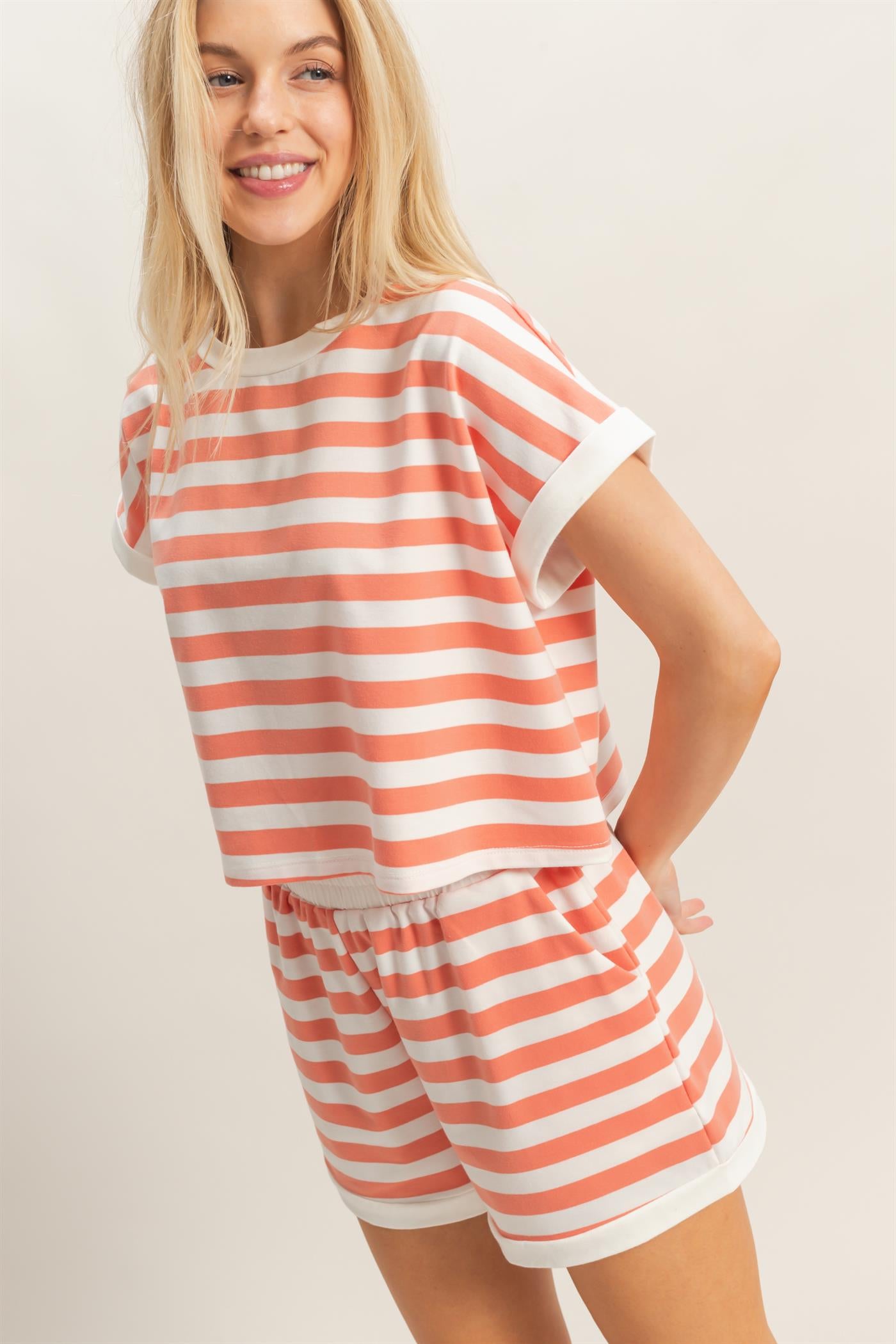 Wholesale Striped Short Sleeve Top & Shorts Set Clothing HF26C064-SET SALMON HYFVE