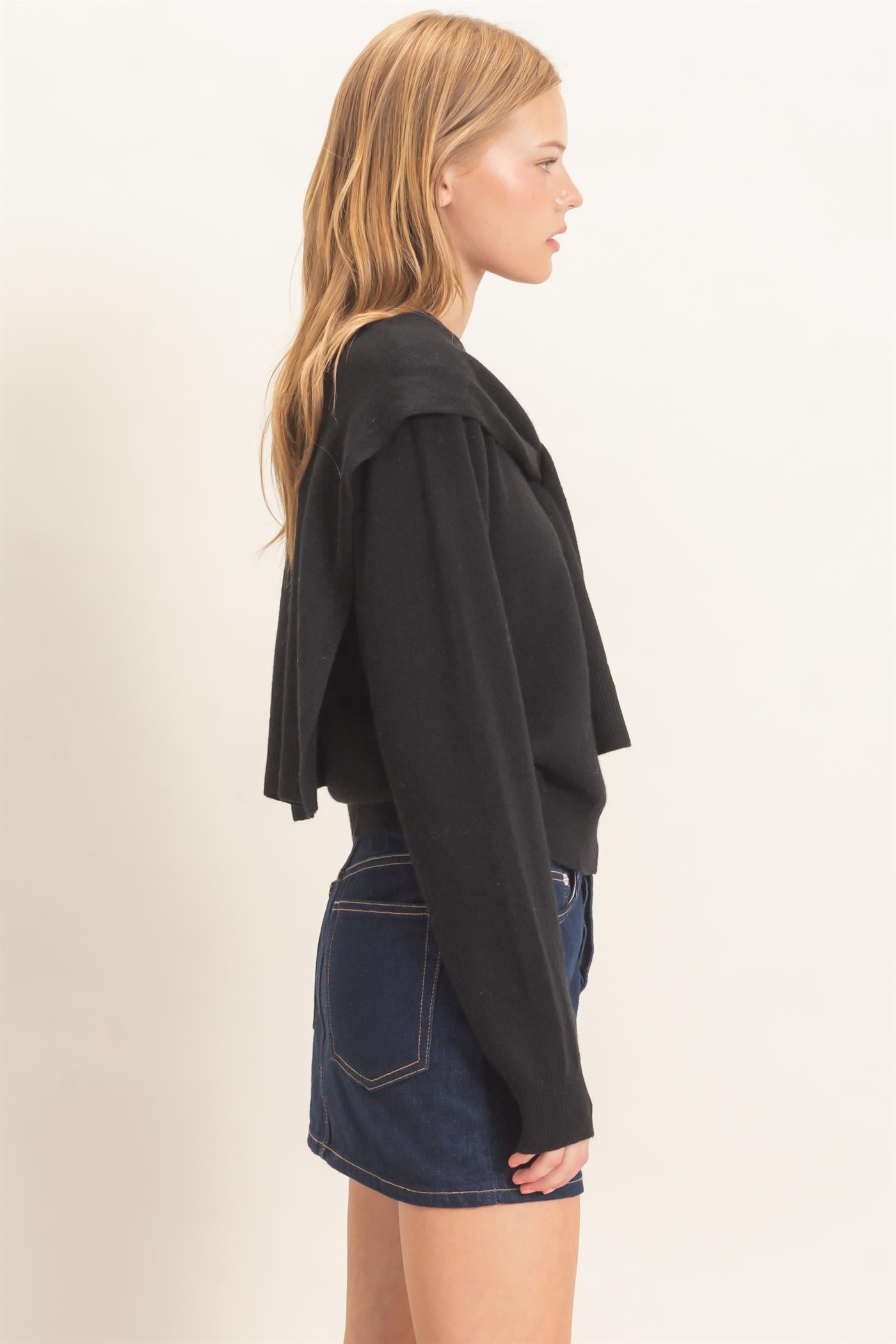 Wholesale Crew Neck Sweater With Faux Wrap Sweaters HF26E698 BLACK HYFVE
