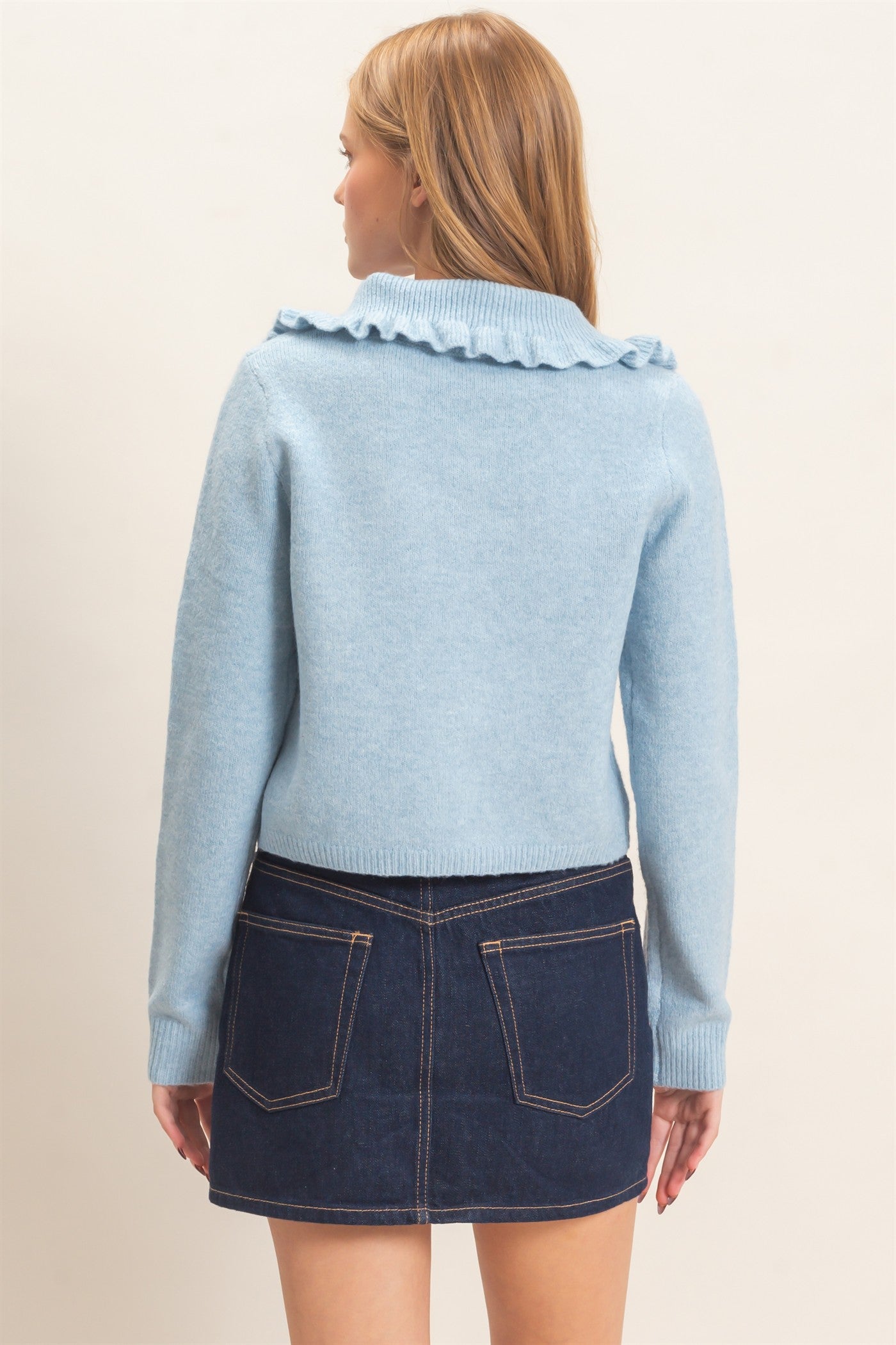 Wholesale Ruffled Collar Knit Cardigan Cardigans HF26E162-D BABY BLUE HYFVE
