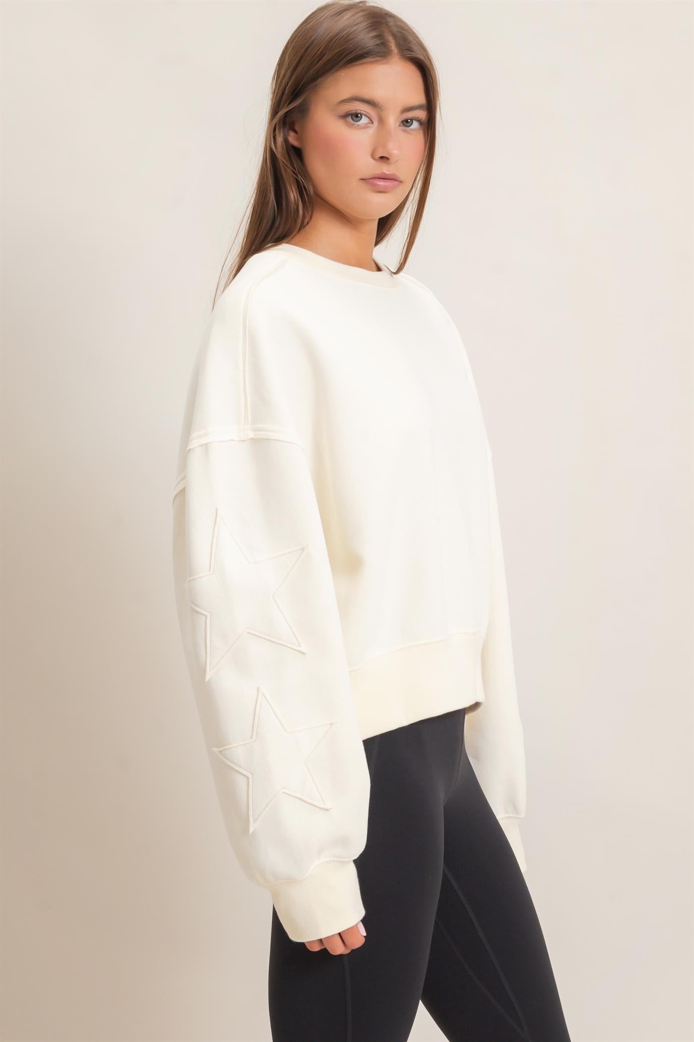 Wholesale Star Patch Sleeve Sweatshirt Sweatshirts DZ26E888 CREAM DOUBLE ZERO