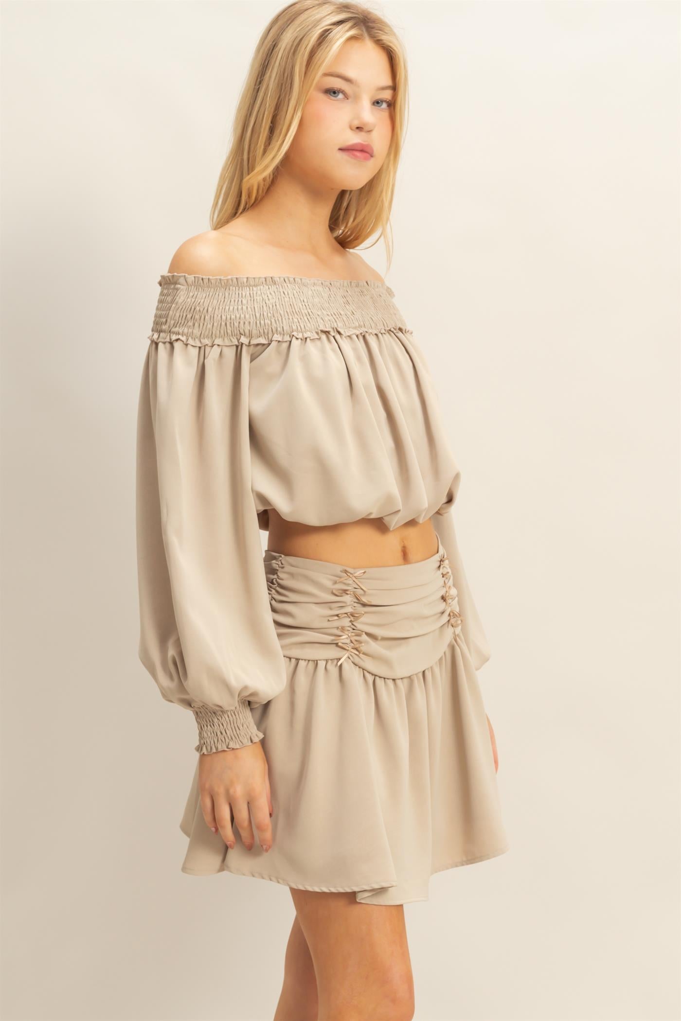 Wholesale Romantic Off Shoulder Top And Gathered Skirt Set Clothing HF25A243-SET BEIGE HYFVE