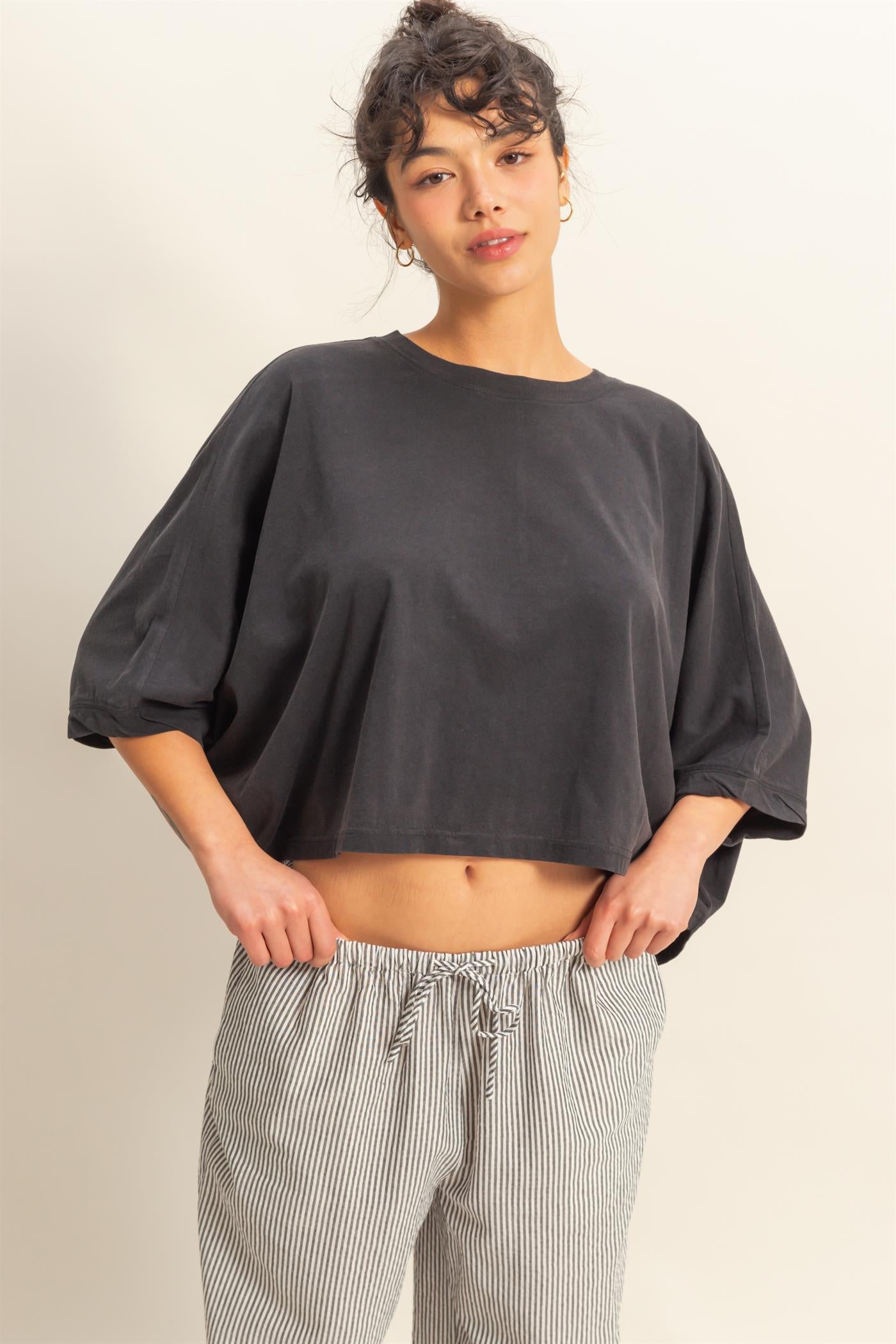 Wholesale Flowy Bat Wing Sleeves Knit Top Clothing Tops DZ25A797 BLACK DOUBLE ZERO