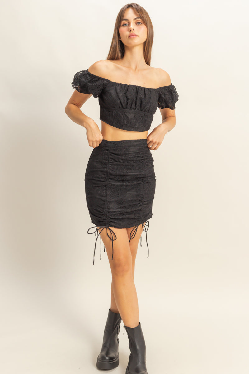 Wholesale Lace Off Shoulder Matching Skirt Set Clothing HF22F439-SET BLACK HYFVE