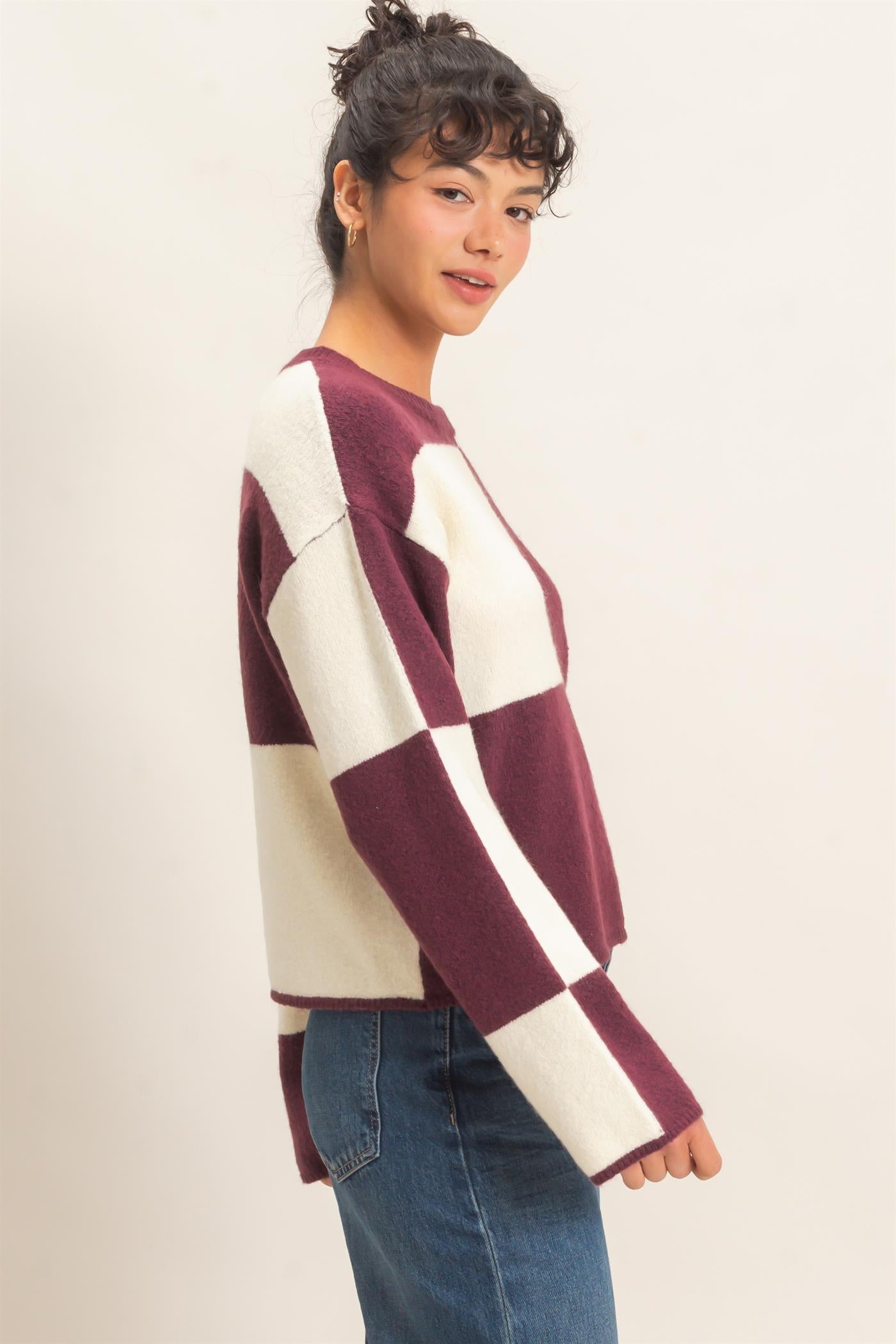 Wholesale Crew Neck Checkered Sweater Sweaters DZ26C980 DARK CHERRY DOUBLE ZERO