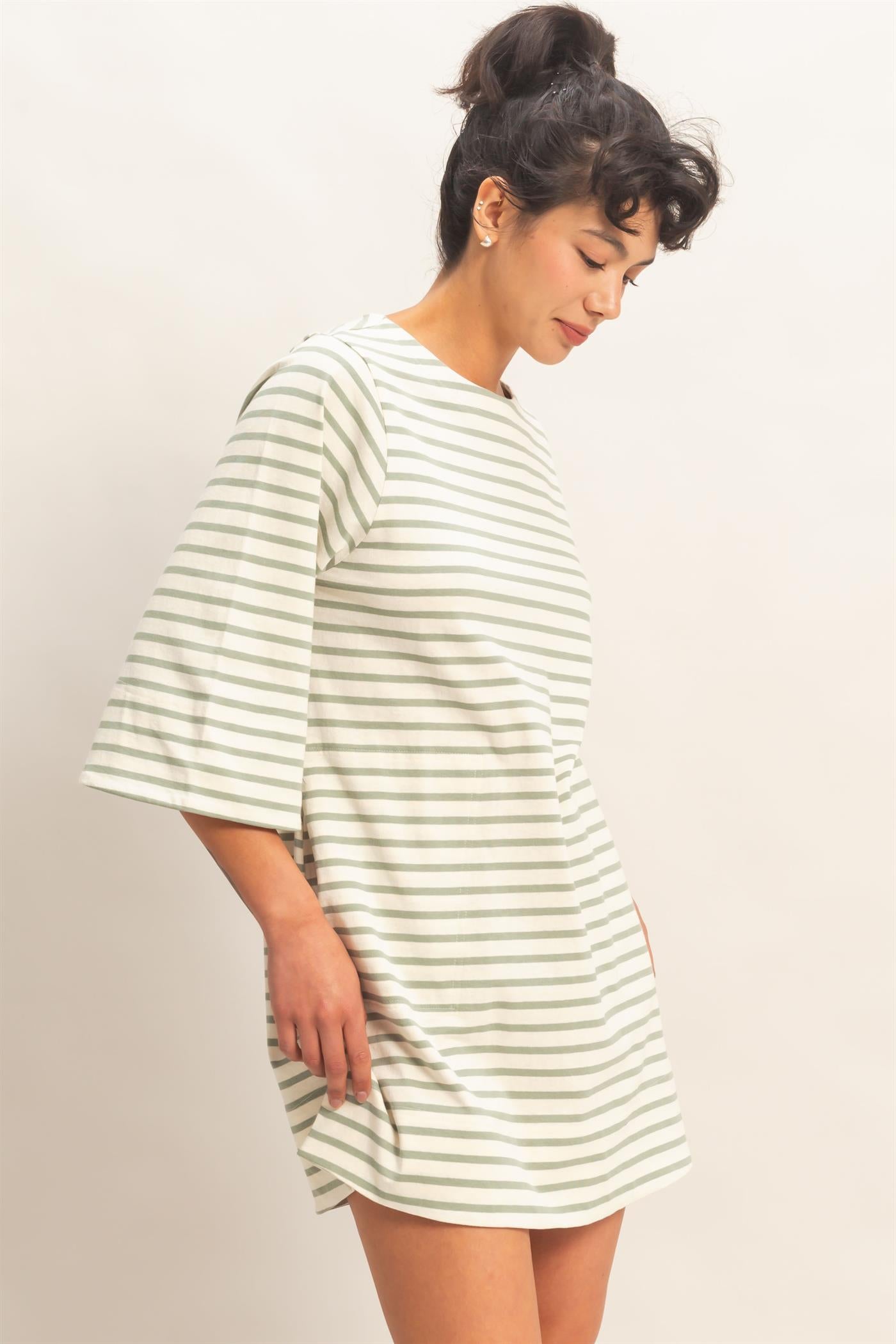 Wholesale Striped Round Neck Half-Sleeve Mini Dress Dresses DZ26A460 SAGE GREEN DOUBLE ZERO