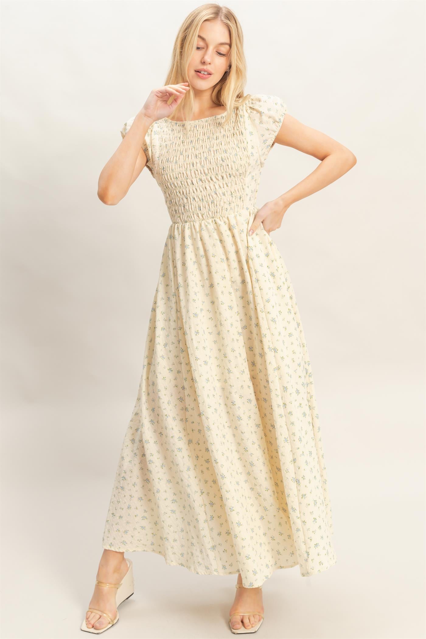 Wholesale Smocked Floral Maxi Dress Dresses HF26C262 BLUE HYFVE