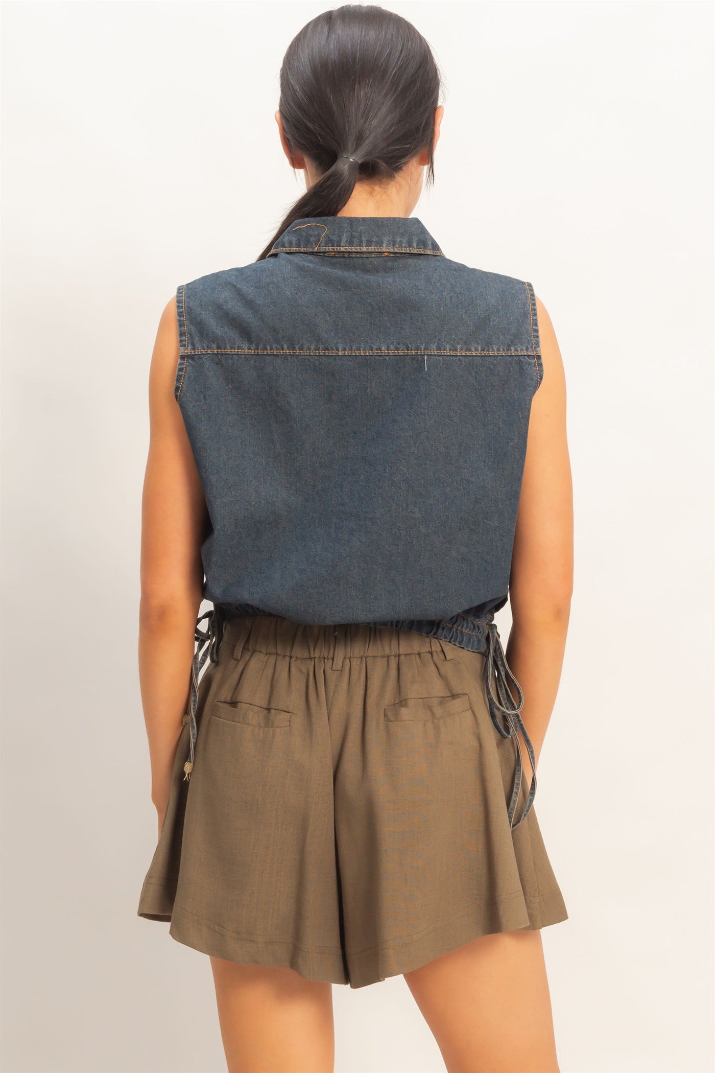 Wholesale Collared V-Neck Drawstring Tank Clothing Tops HF26C220 DARK BLUE HYFVE