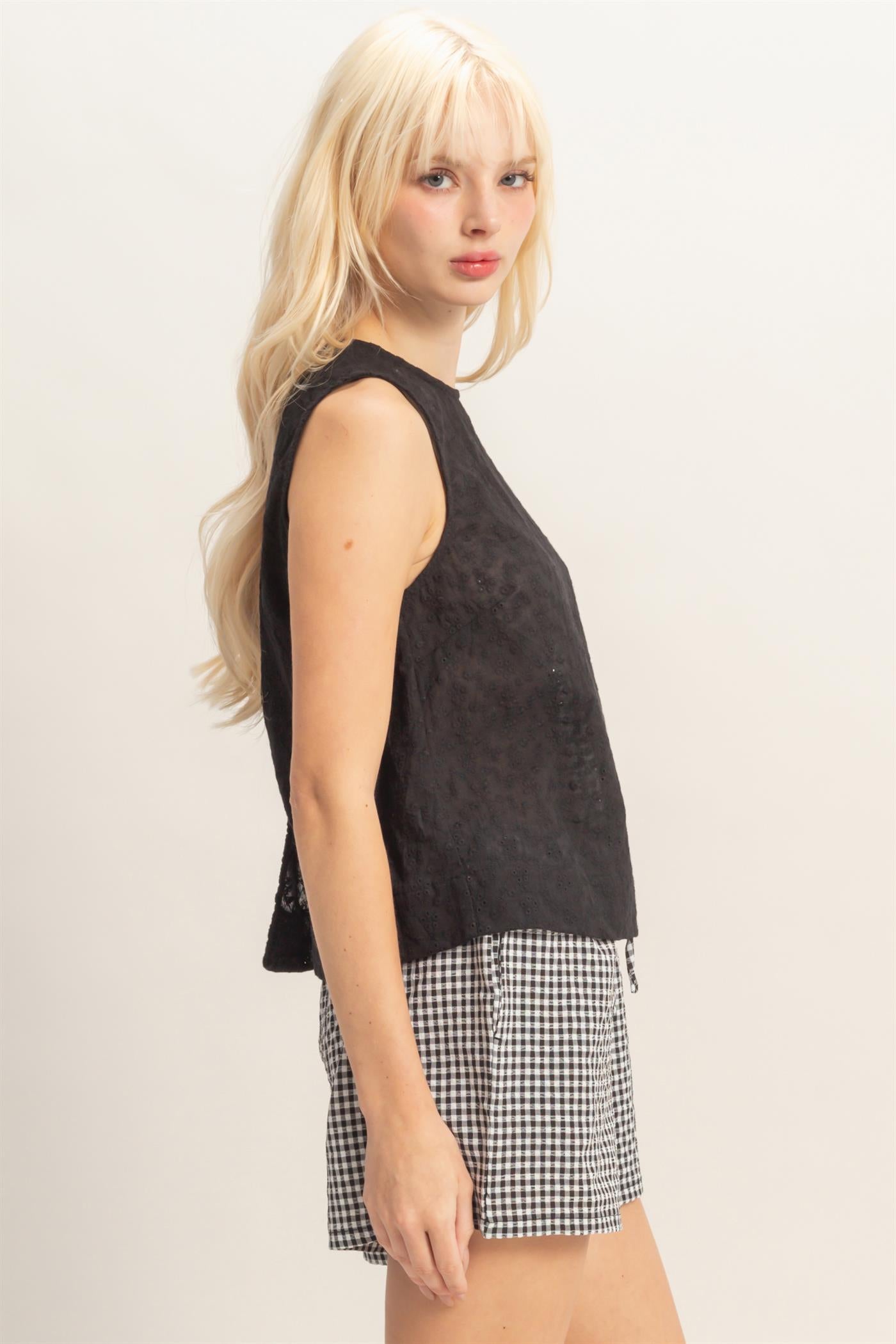 Wholesale Eyelet Sleeveless Top With Back Buttons Clothing Tops DZ26C541 BLACK DOUBLE ZERO