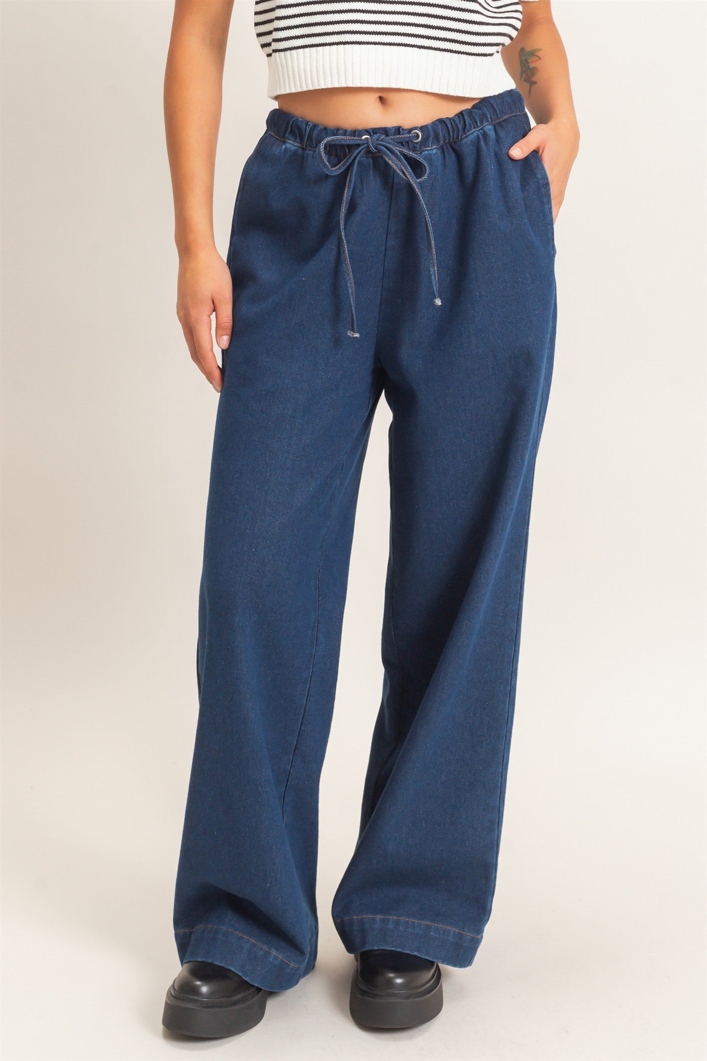 Wholesale Elastic Waist Wide Leg Denim Pants Pants DZ26E331 DARK BLUE DOUBLE ZERO