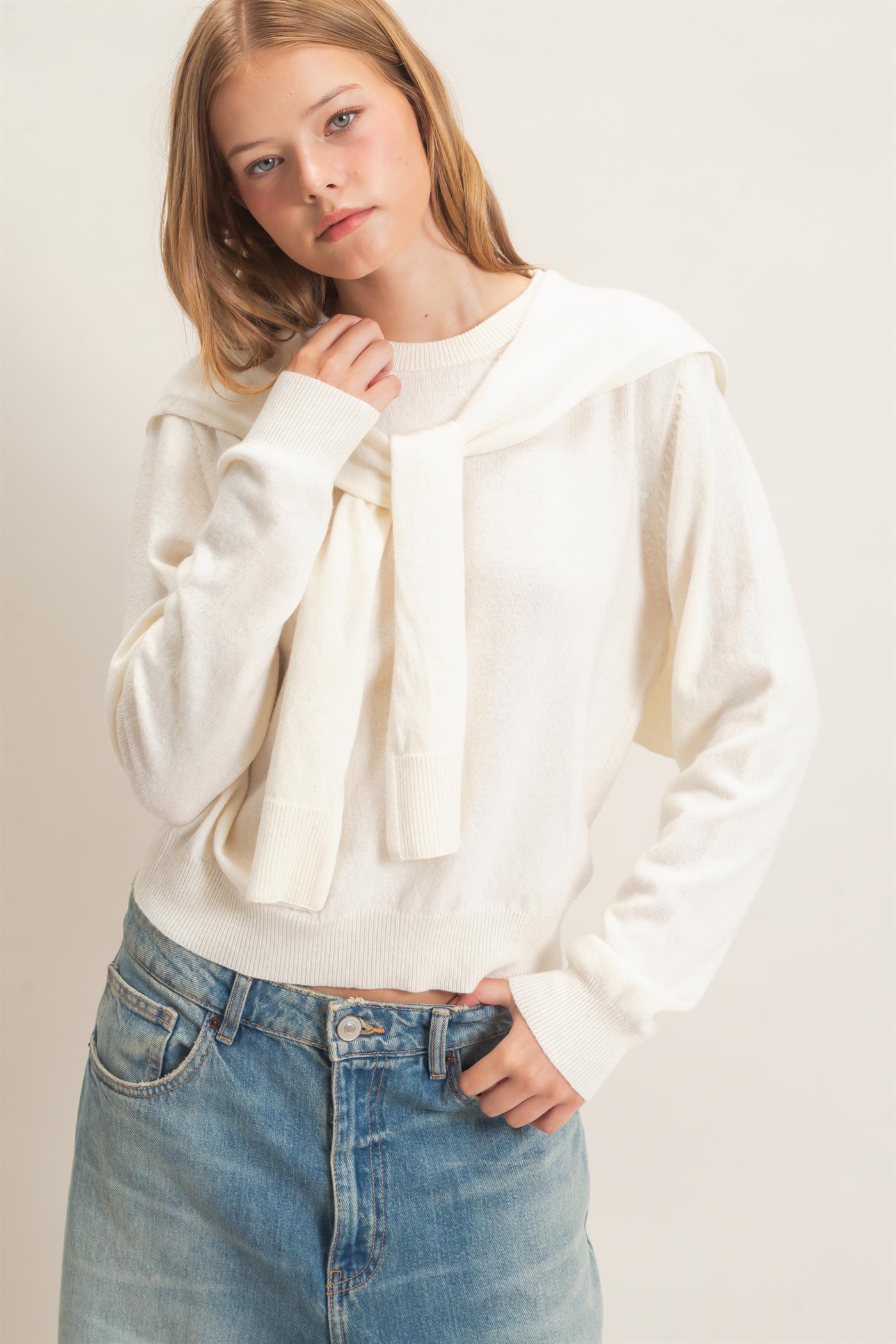 Wholesale Crew Neck Sweater With Faux Wrap Sweaters HF26E698 CREAM HYFVE
