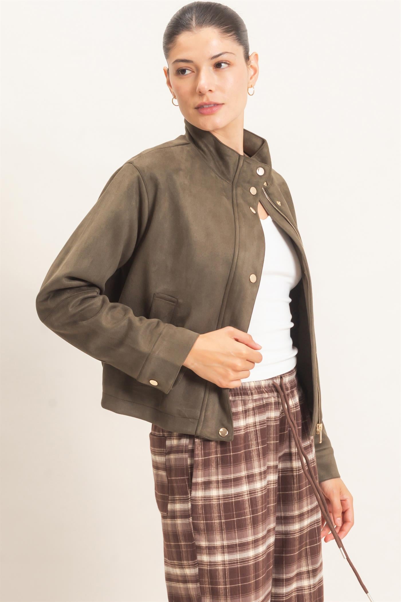 Wholesale Collar Suede Snap Jacket Coats & Jackets HF26E373 OLIVE HYFVE