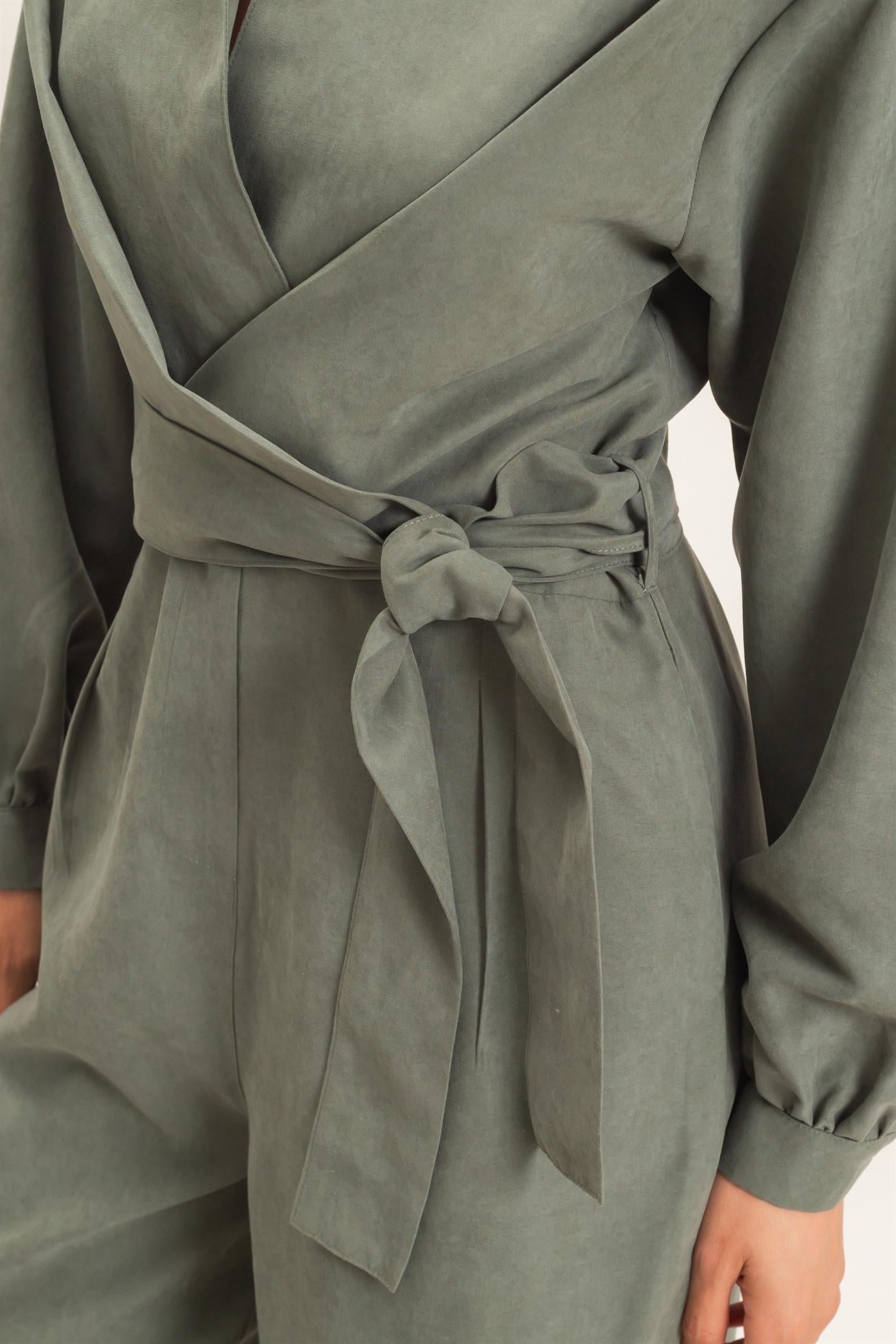 Wholesale Collared Wrap Suede Jumpsuit Clothing HF26C905 FOREST GREEN HYFVE