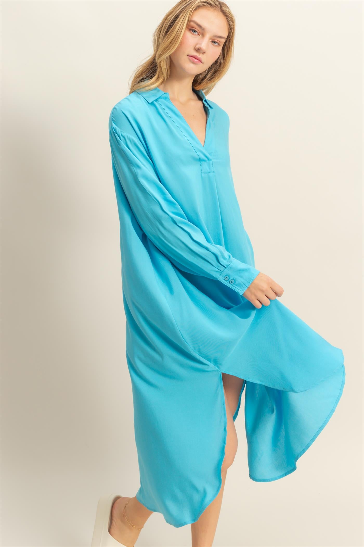 Wholesale V-Neck Long Sleeved Midi Shirts Dress Dresses DZ24E706 AQUA BLUE DOUBLE ZERO