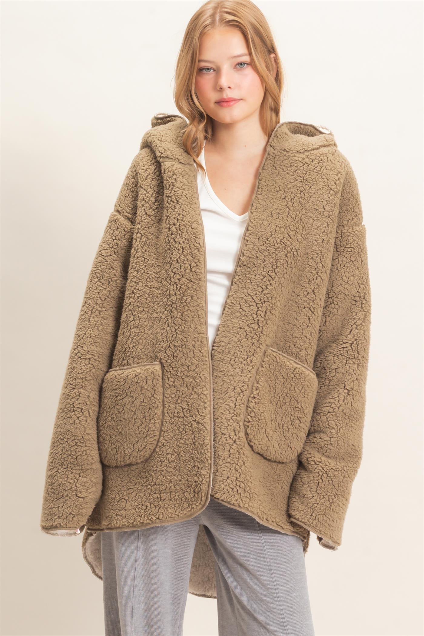 Wholesale Hooded Sherpa Jacket Coats & Jackets HF26E874 LIGHT OLIVE HYFVE
