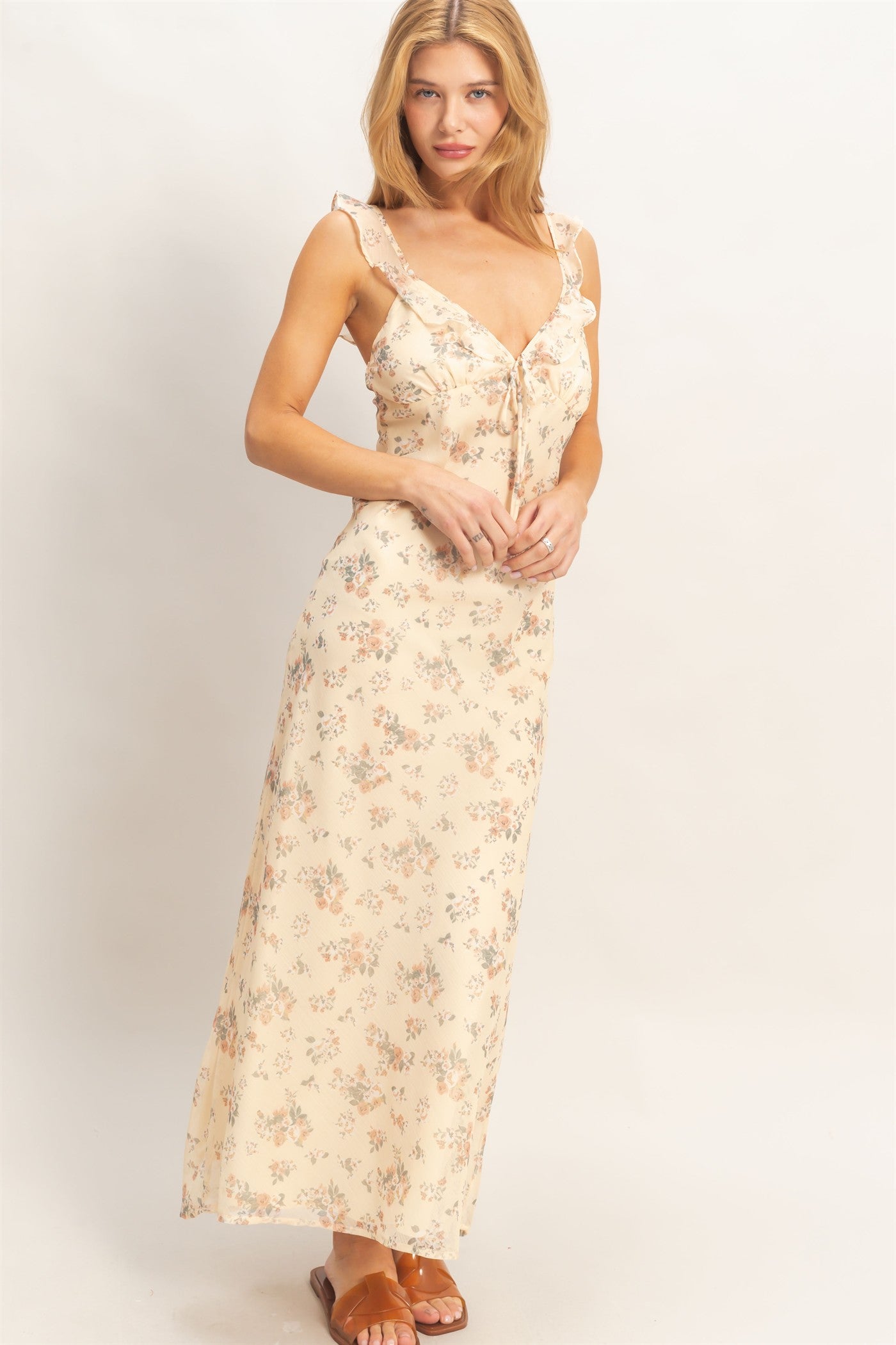 Wholesale Floral Ruffle Strap Midi Dress Dresses HF26E344 BUFF YELLOW HYFVE