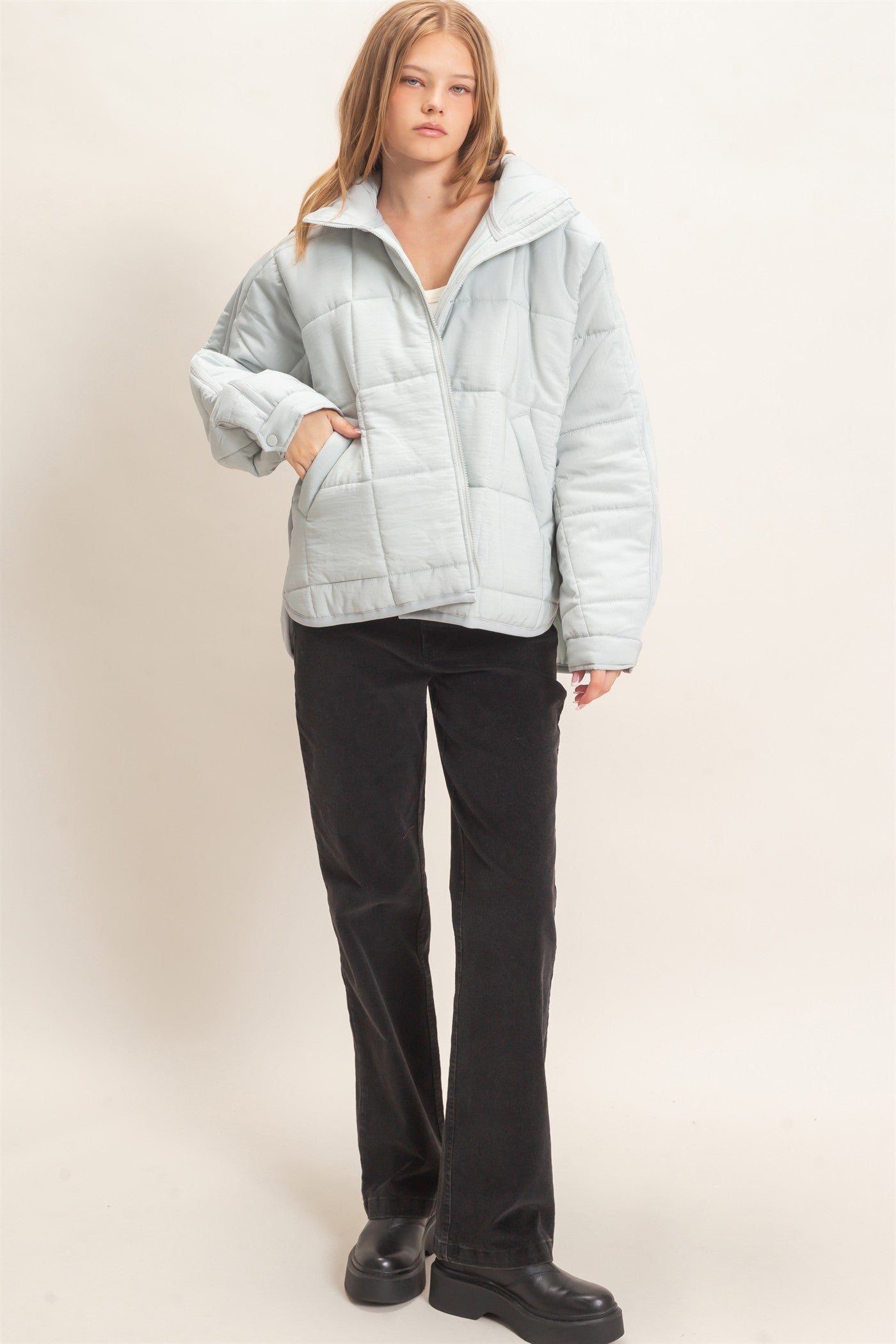 Wholesale Quilted Mock Neck Zip-Up Puffer Jacket Coats & Jackets HF26C865 DUSTY AQUA HYFVE