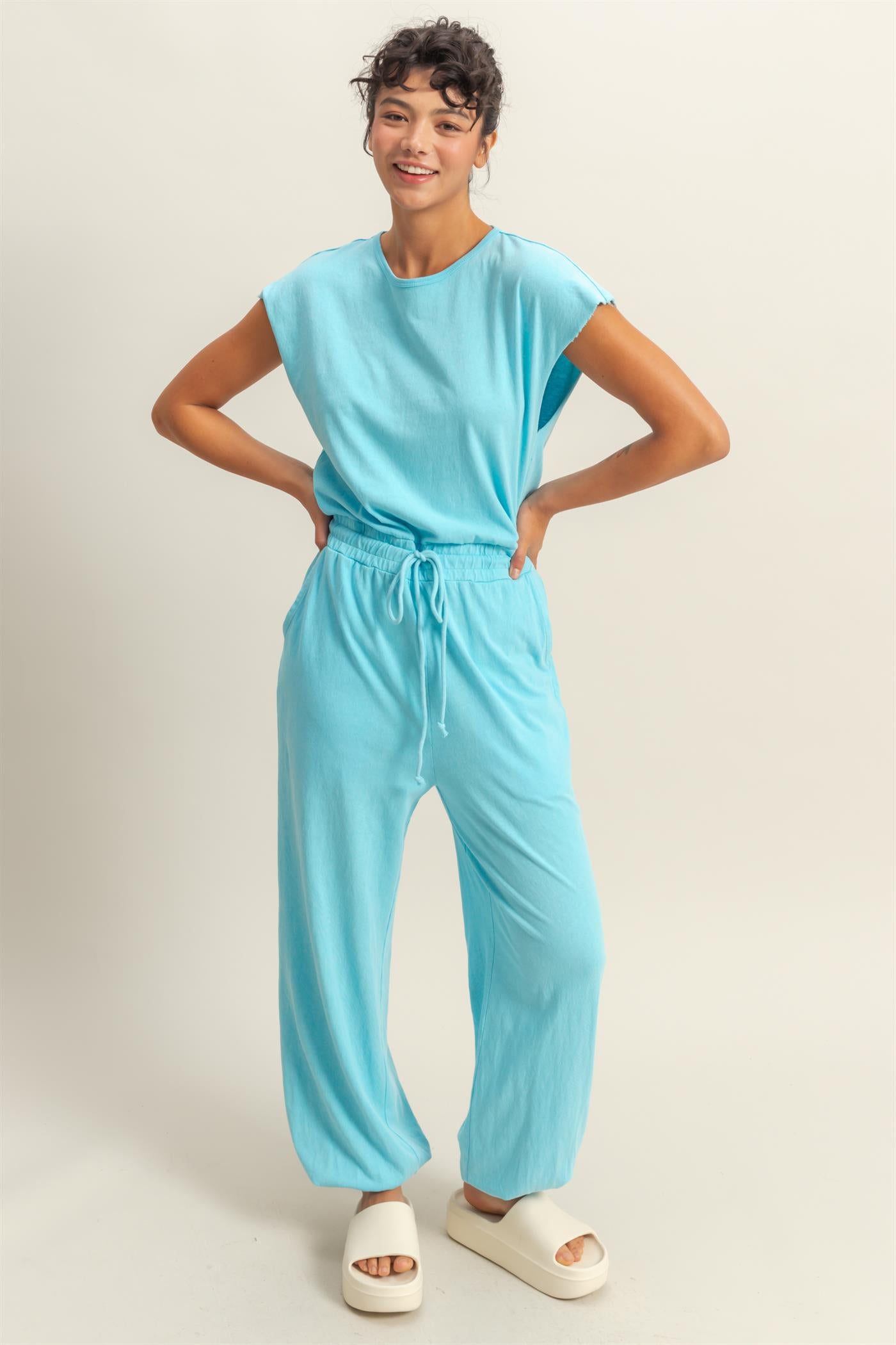 Wholesale Short Sleeve Casual Jumpsuit Clothing DZ24C619 AQUA BLUE DOUBLE ZERO