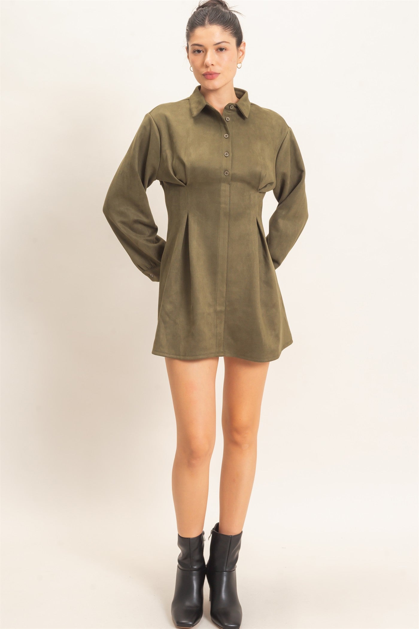 Wholesale Faux Suede Long Sleeve Shirtdress Dresses HF26F063 OLIVE HYFVE