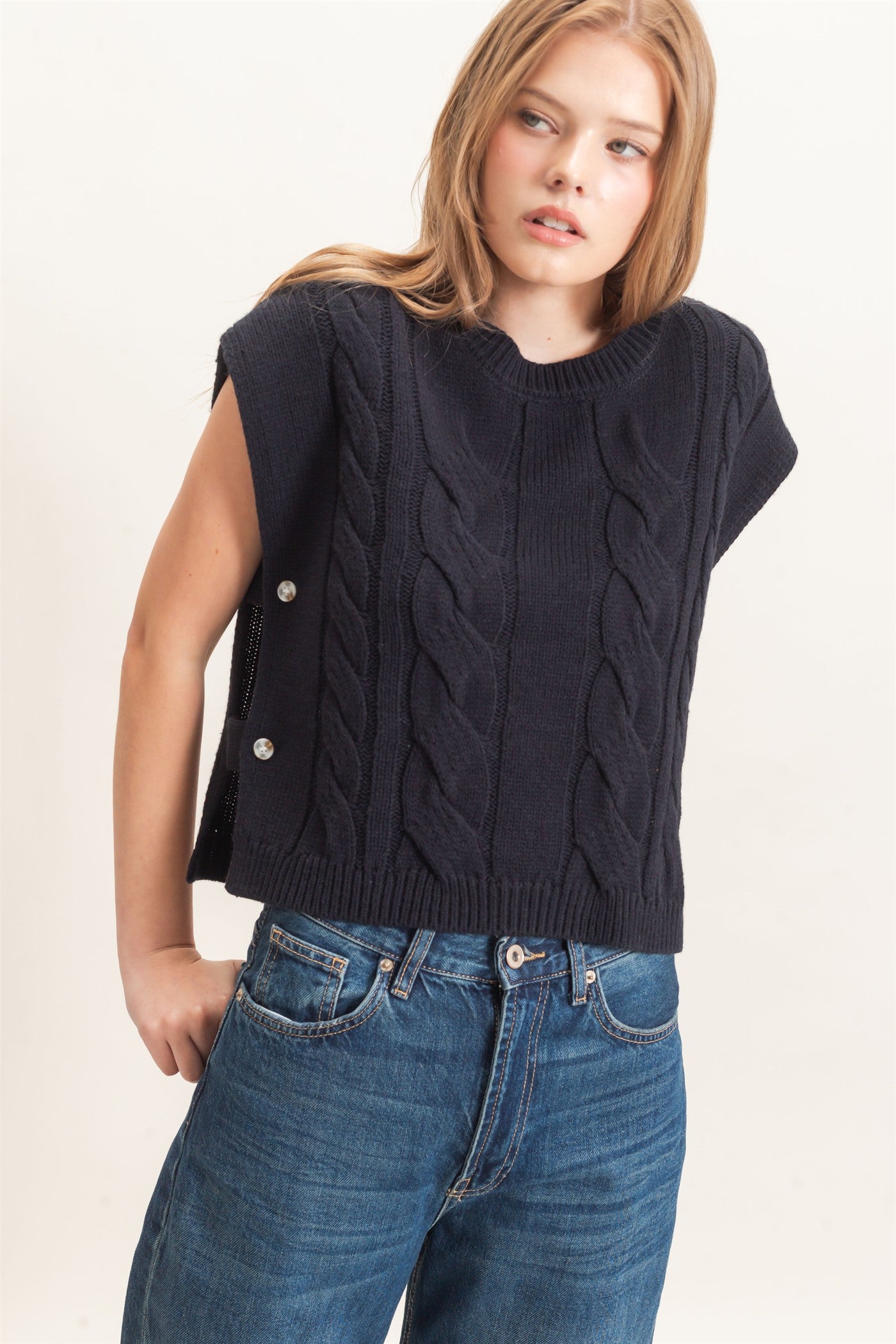 Wholesale Cable Knit Vest With Side Buttons Sweaters HF26F193 BLACK HYFVE