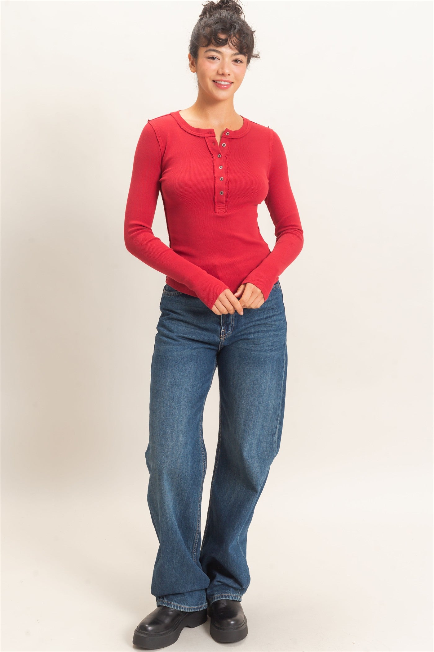 Wholesale Pigment Dye Henley Long Sleeve Top Clothing Tops DZ26C882 DARK RED DOUBLE ZERO