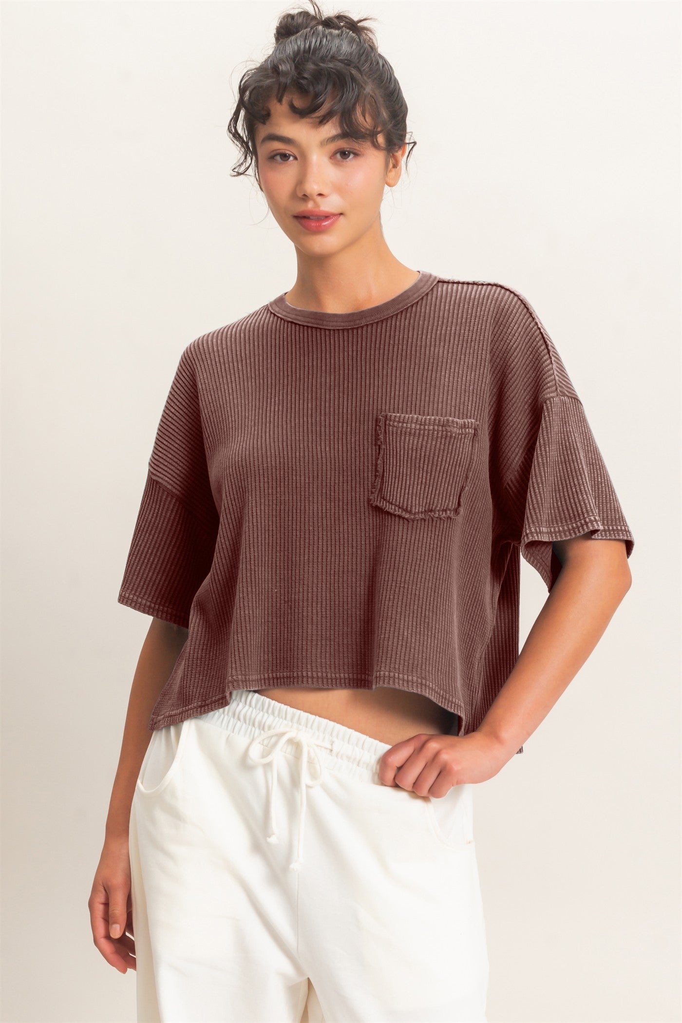 Wholesale Mineral Wash Waffle Knit Pocket Top Clothing Tops DZ26E222 DARK BROWN DOUBLE ZERO