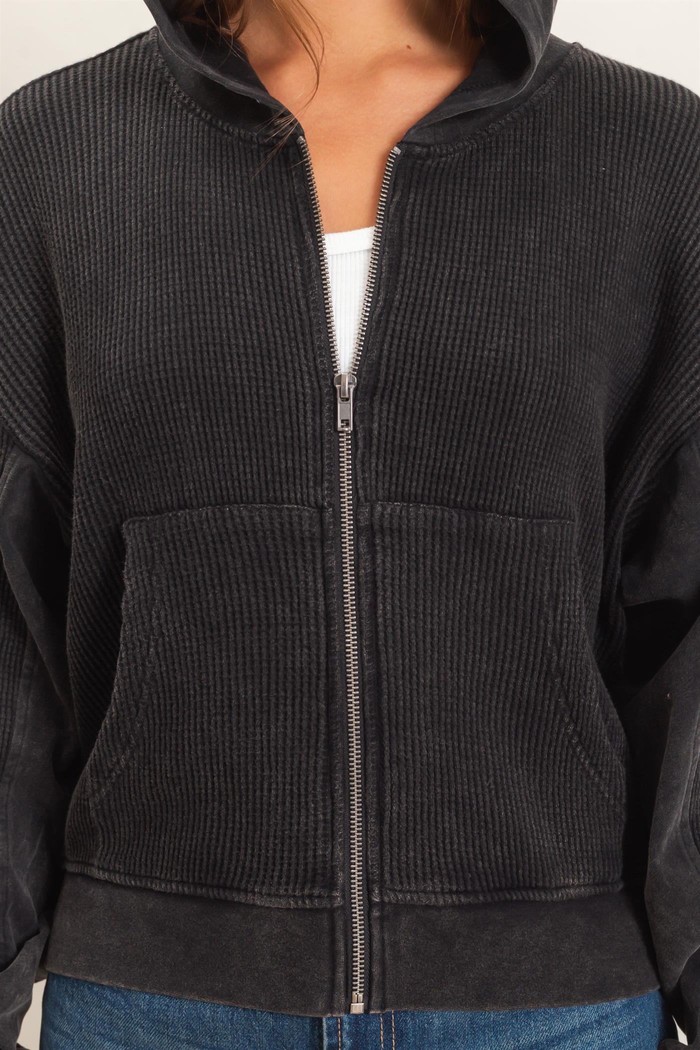 Wholesale Acid Wash Waffle Knit Zip-Up Hoodie Hoodies DZ26E401 BLACK DOUBLE ZERO