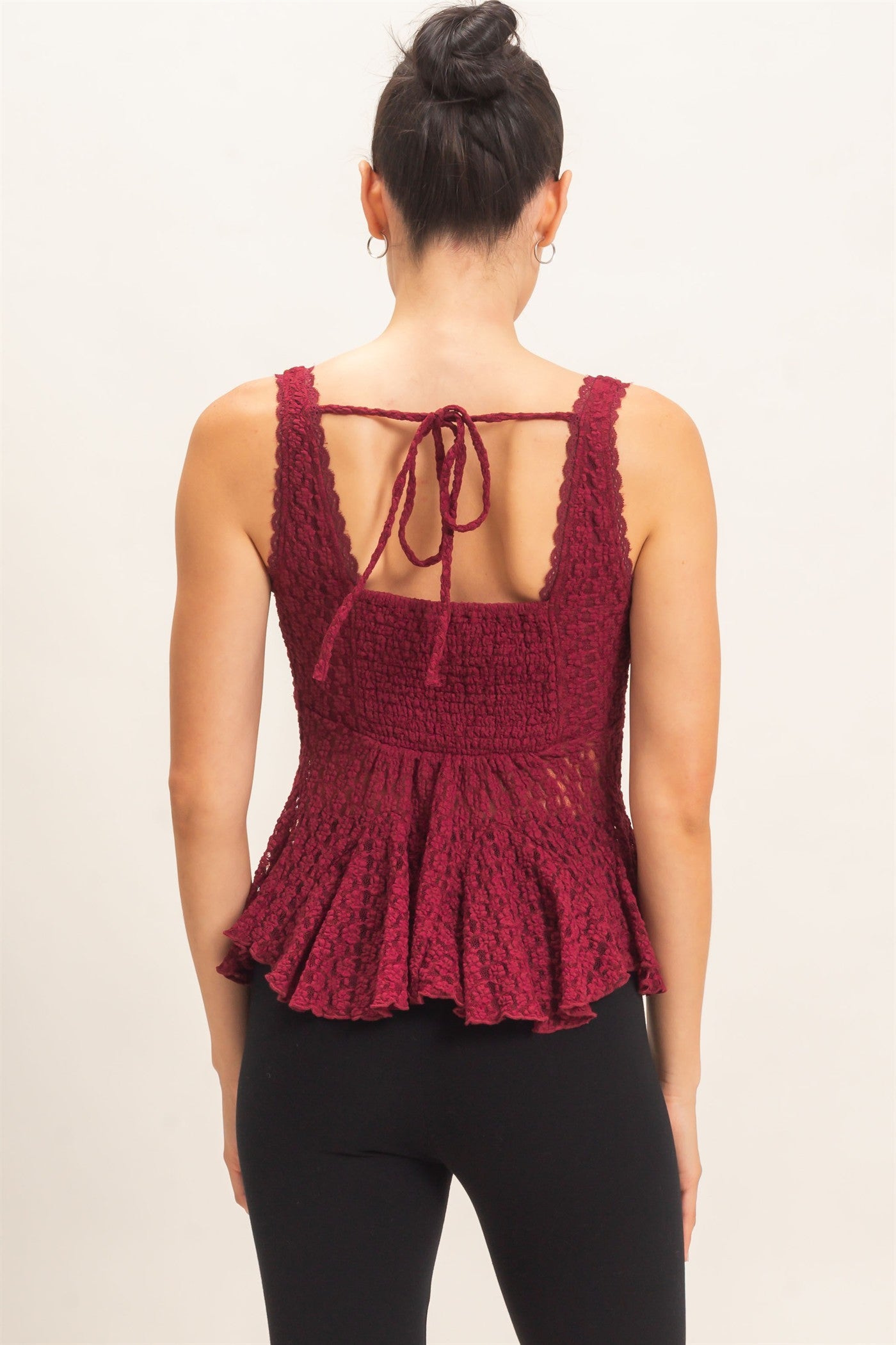 Wholesale Lace V-Neck Peplum Top Clothing Tops HF26E088 BURGUNDY HYFVE