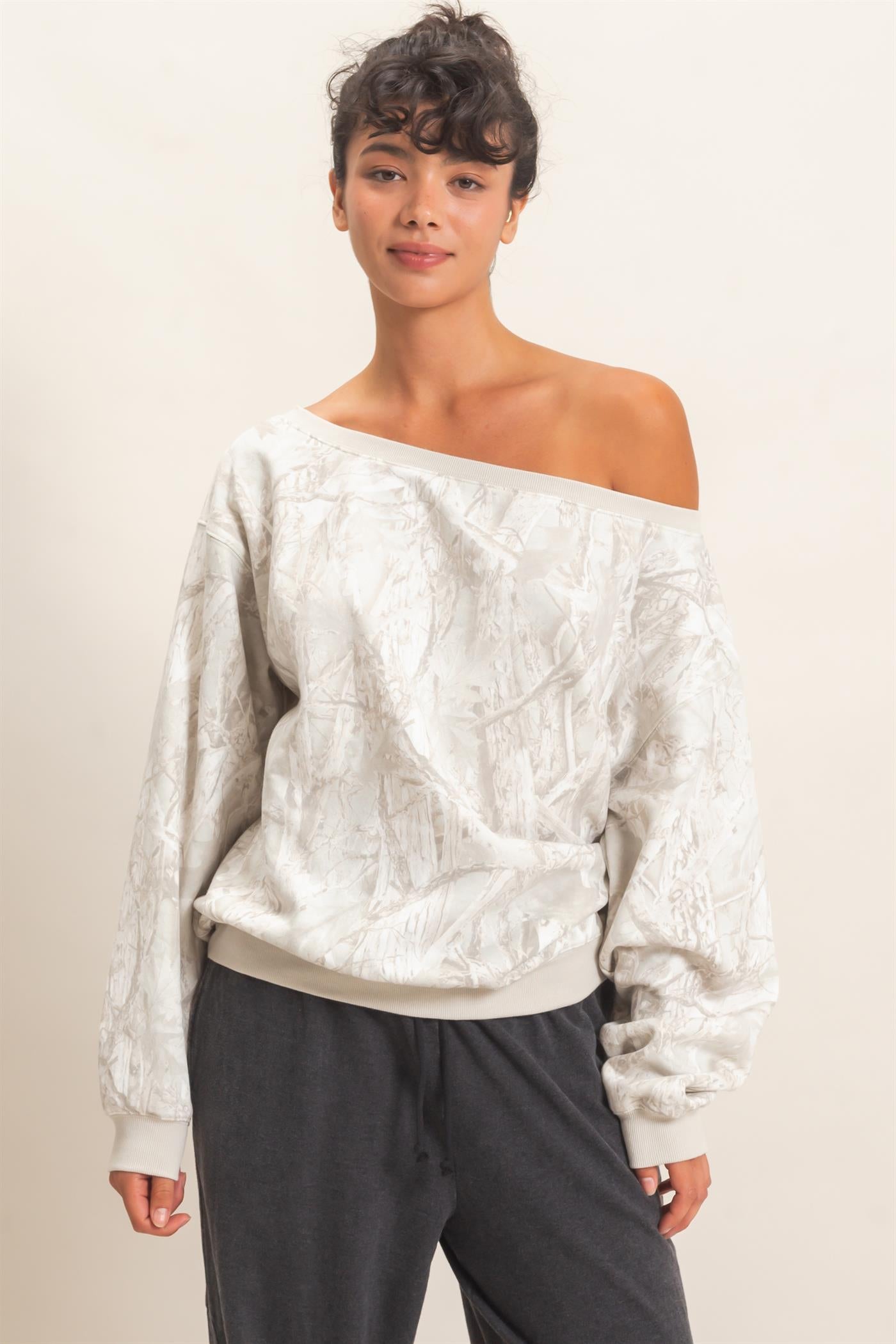 Wholesale Tree Camouflage Print Off The Shoulder Sweatshirt Sweatshirts DZ26F310 GRAY DOUBLE ZERO