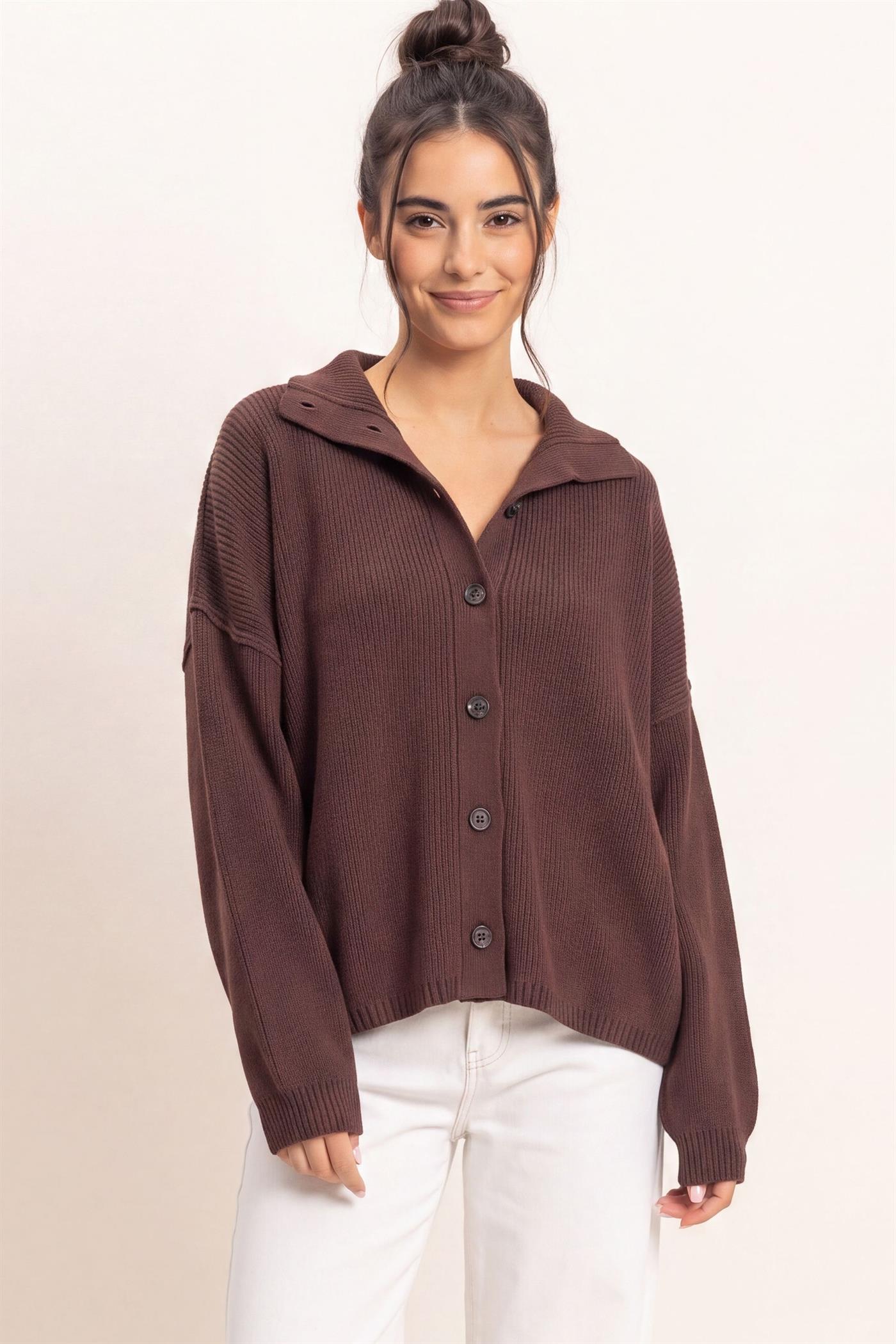 Wholesale High Neck Oversized Cardigan Cardigans DZ26E280 DARK BROWN DOUBLE ZERO