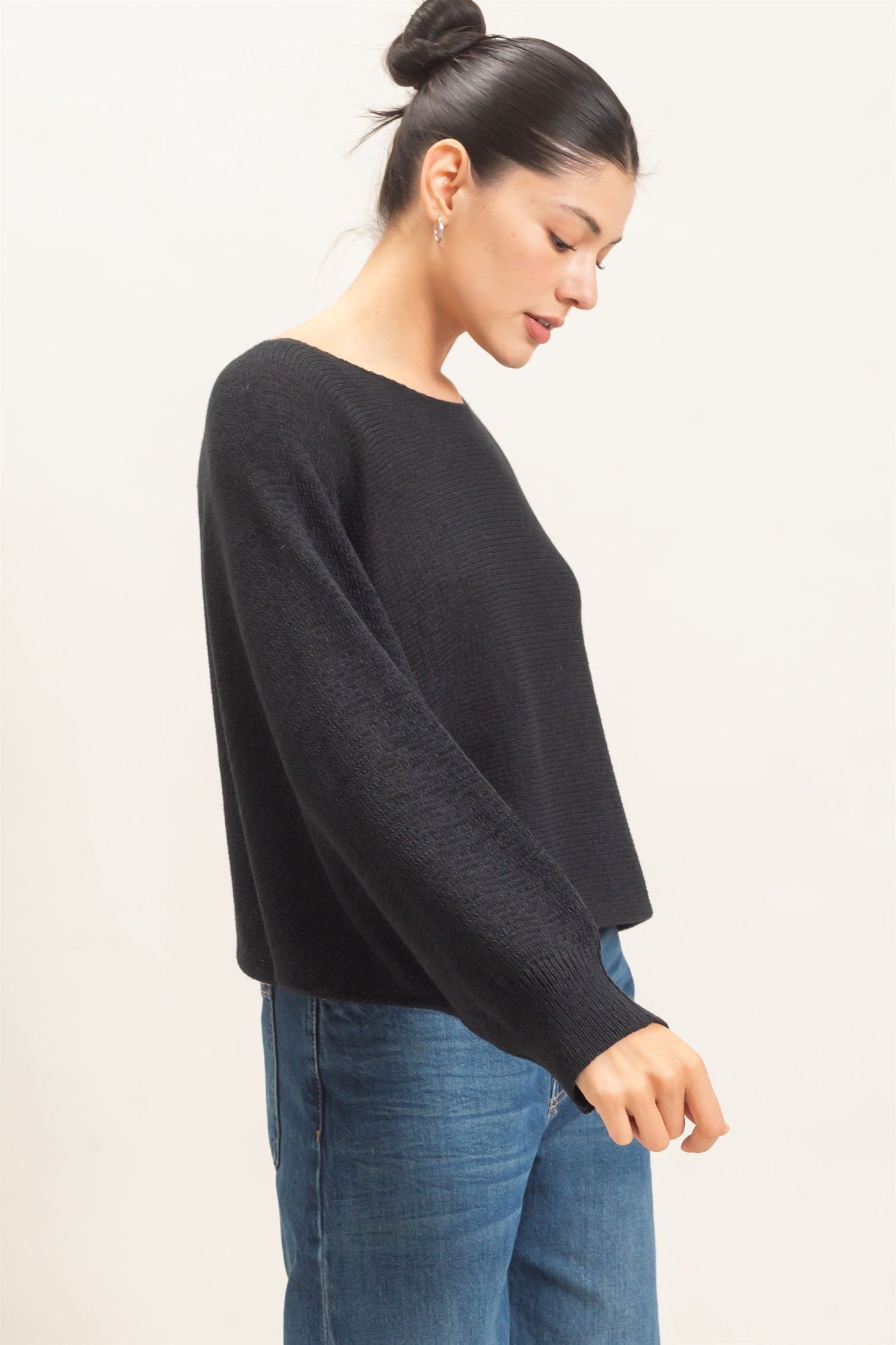 Wholesale Loose Knit Boat Neck Sweater Sweaters HF26E896 BLACK HYFVE