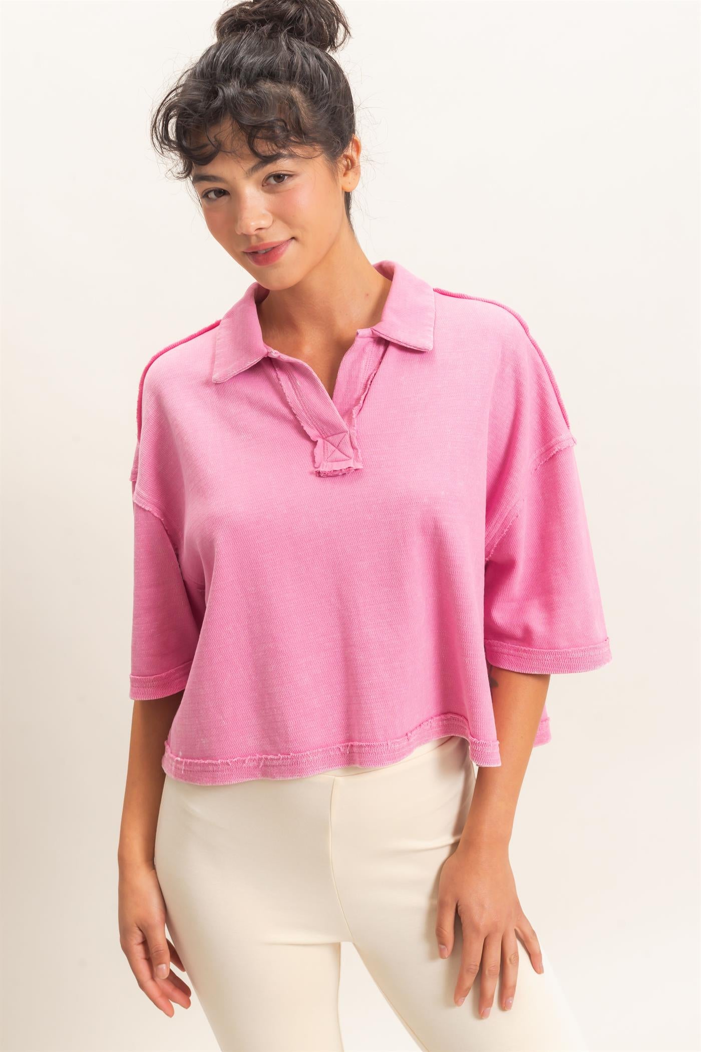 Wholesale Mineral Wash Oversized Collar Short Sleeve Top Clothing Tops DZ26E813 PINK DOUBLE ZERO