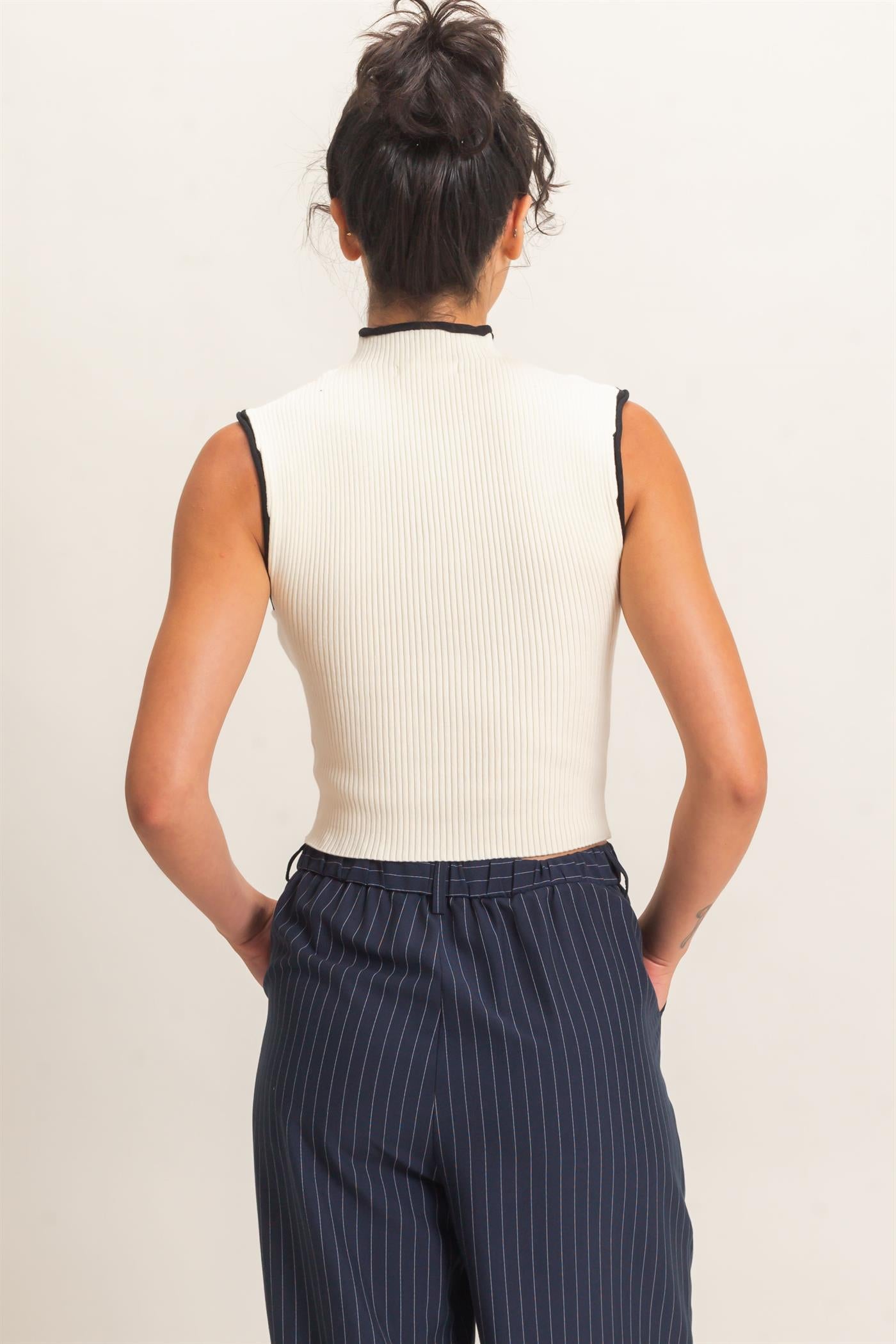 Wholesale Ribbed Mock Neck Sleeveless Top Clothing Tops DZ26E777 CREAM DOUBLE ZERO