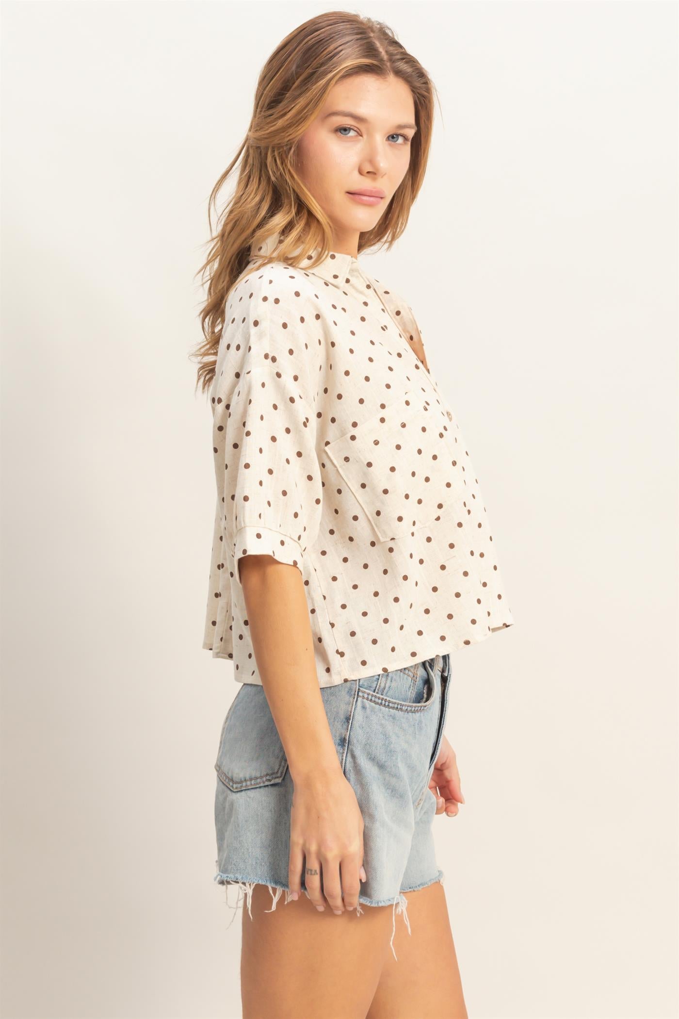 Wholesale Polka Dot Button-Up Shirt Shirts HF26E417-D OATMEAL HYFVE