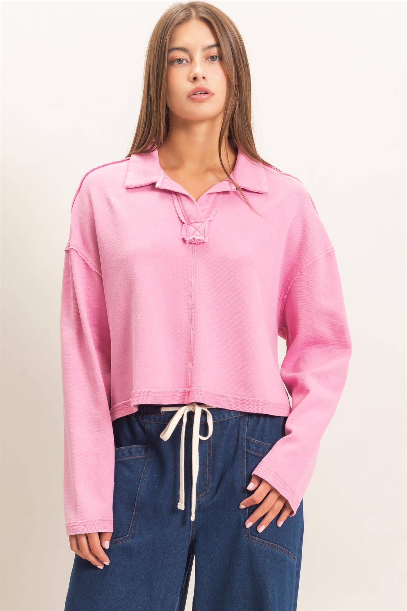 Wholesale Mineral Wash Textured Collar Top Polos DZ26E814 PINK DOUBLE ZERO