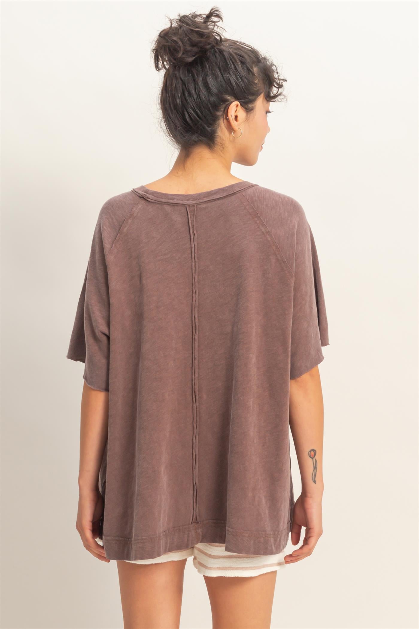 Wholesale Acid Washed Oversized Raw Edges Raglan Tee T-Shirts DZ26A333 CHOCOLATE DOUBLE ZERO