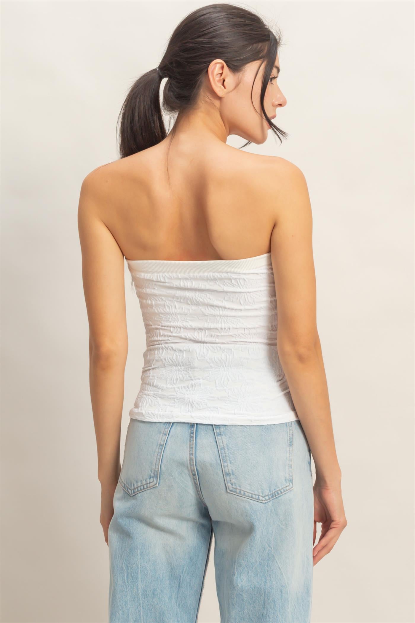 Wholesale Strapless Jacquard Top Clothing Tops HF26E219 WHITE HYFVE