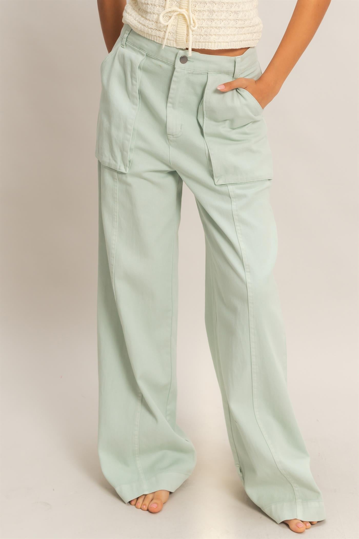 Wholesale High Rise Cargo Pants With Ankle Ties Pants DZ24C156 MINT DOUBLE ZERO