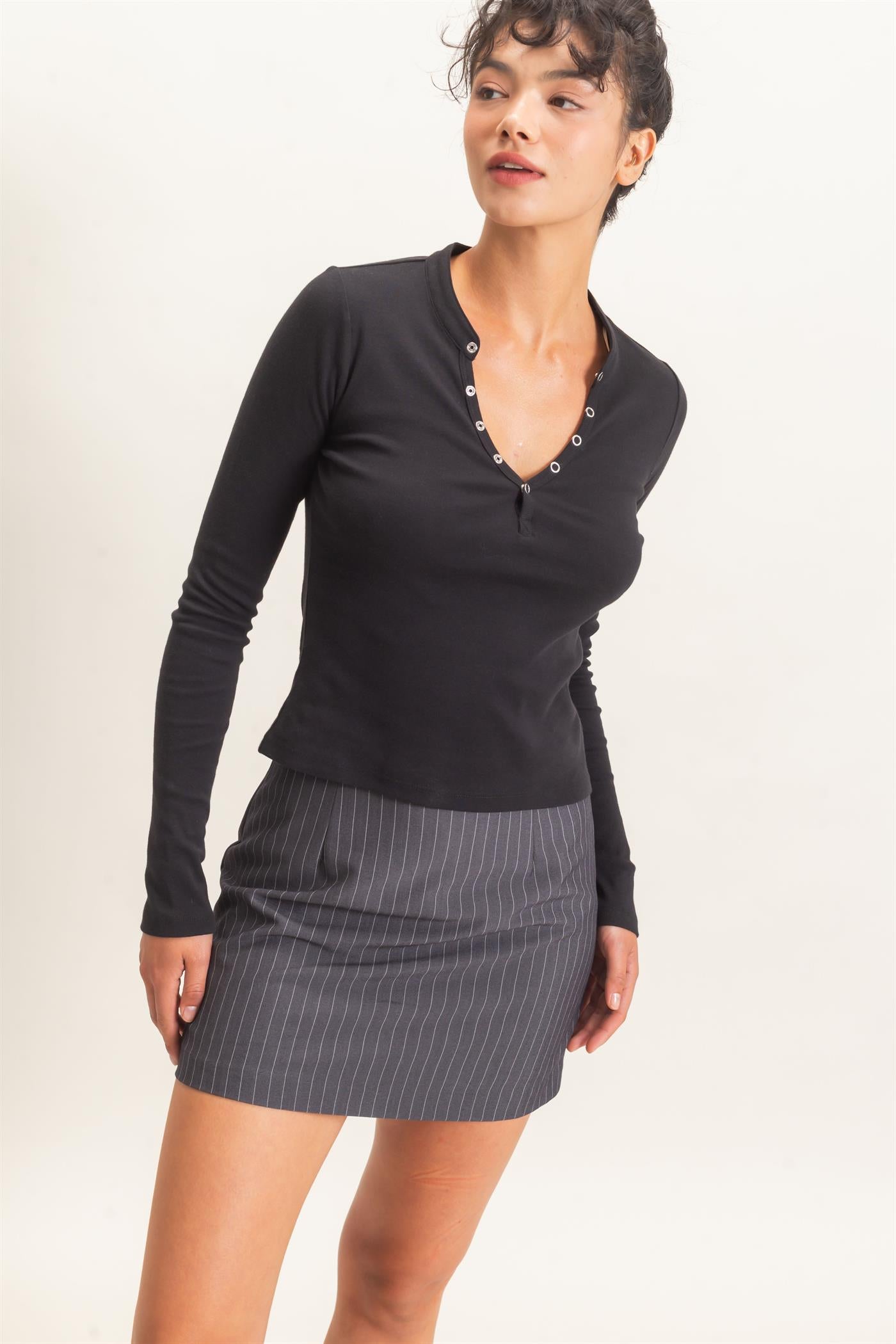 Wholesale Long Sleeve Henley Top Clothing Tops DZ26E865 BLACK DOUBLE ZERO