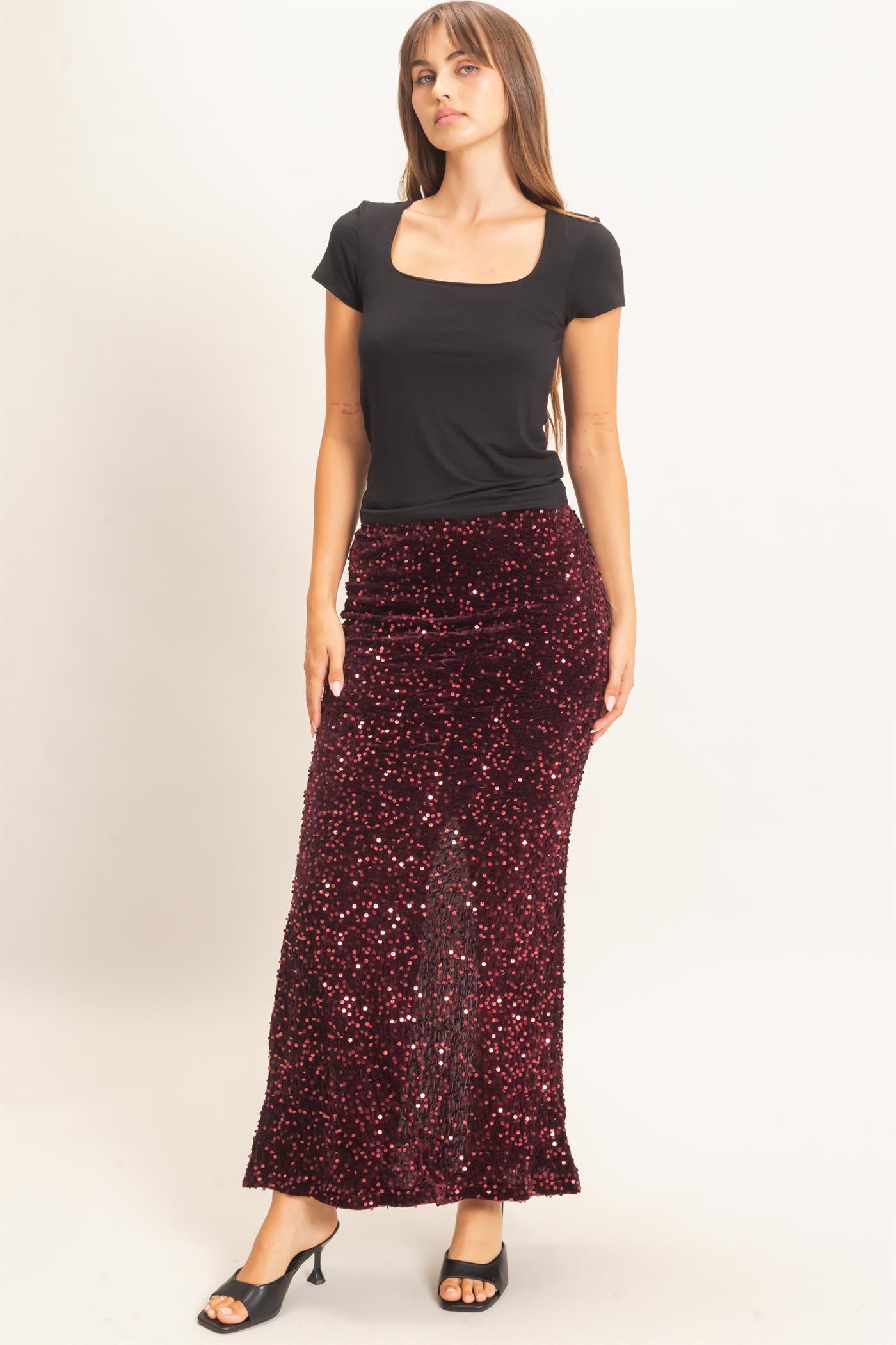 Wholesale Sequin Midi Skirt Skirts HF26F121 BURGUNDY HYFVE