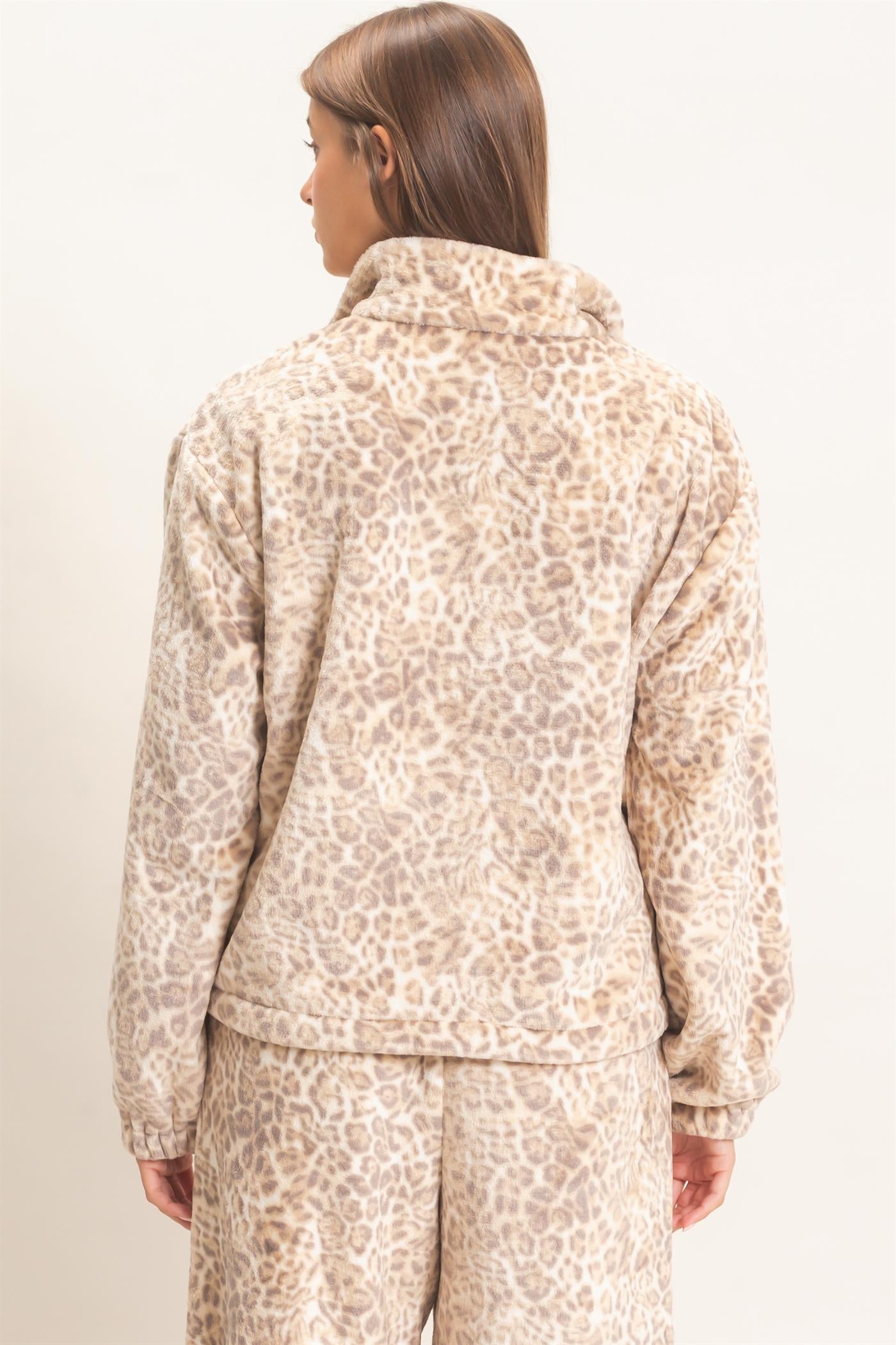 Wholesale Leopard Print Fleece Half Zip Pullover Sweaters DZ26E830 BEIGE DOUBLE ZERO
