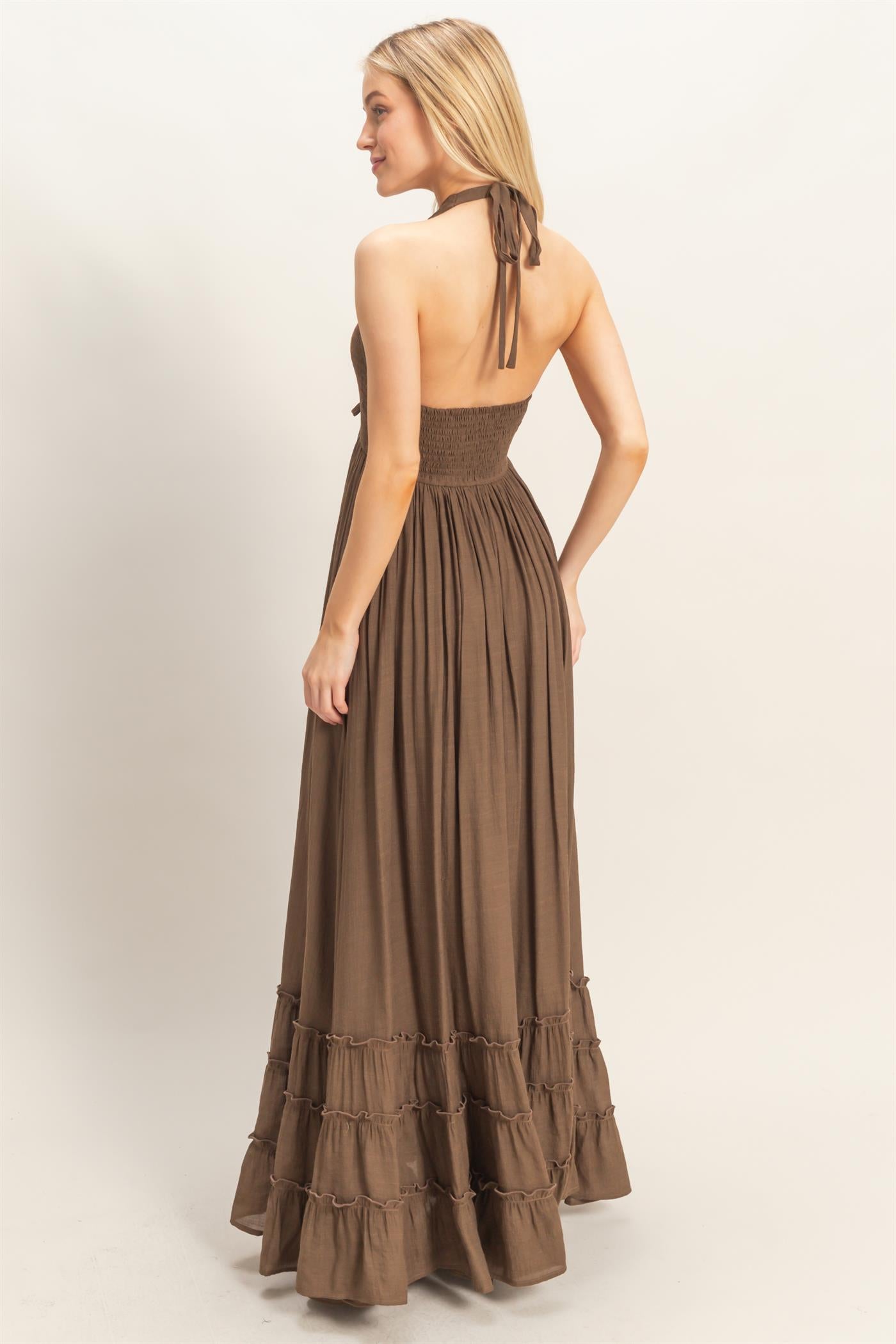 Wholesale Halter Neck Smocked Maxi Dress Dresses HF26C287-D CHOCOLATE HYFVE