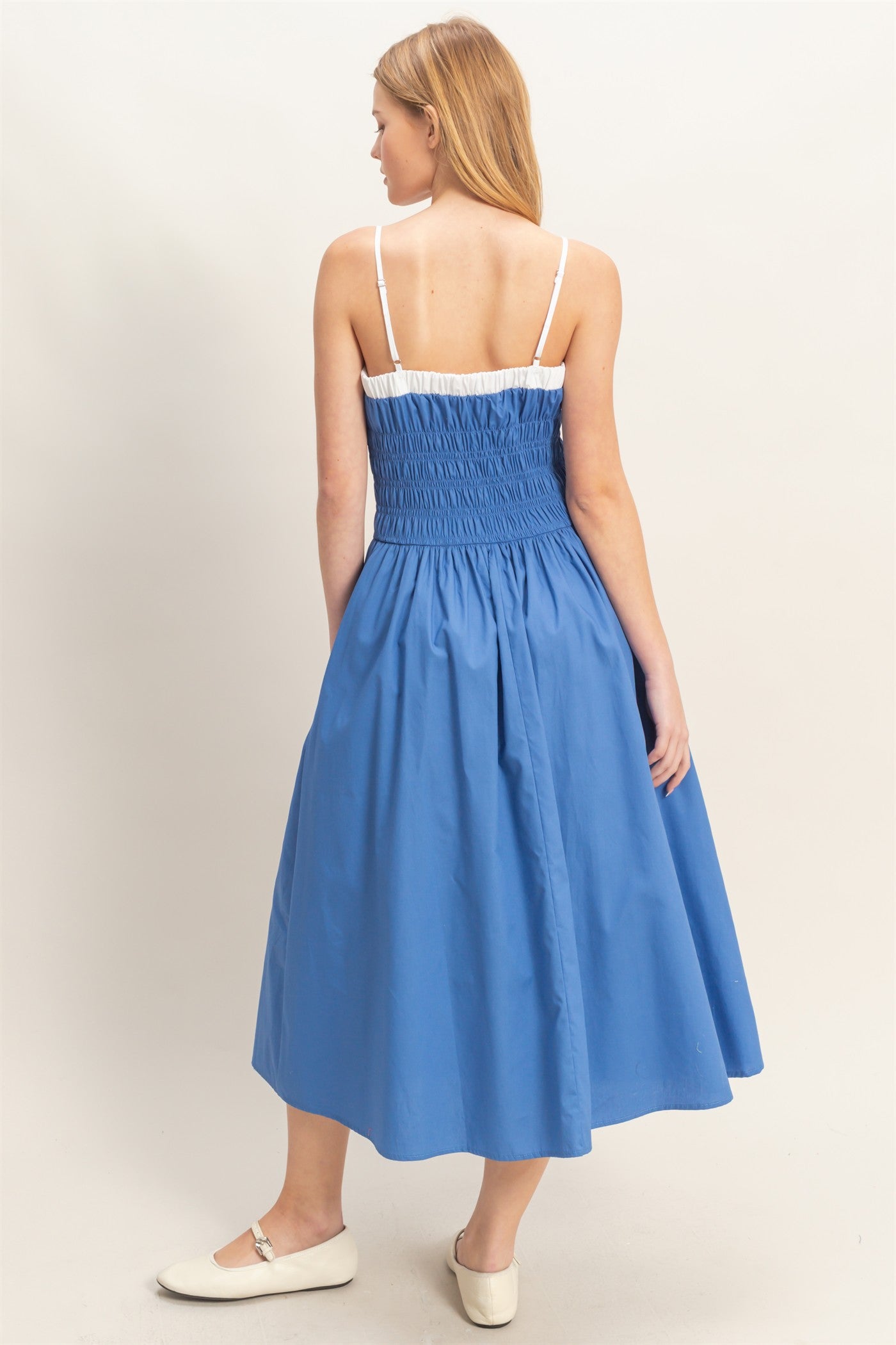 Wholesale Smocked Strapped Midi Dress Dresses HF26A624 BLUE HYFVE