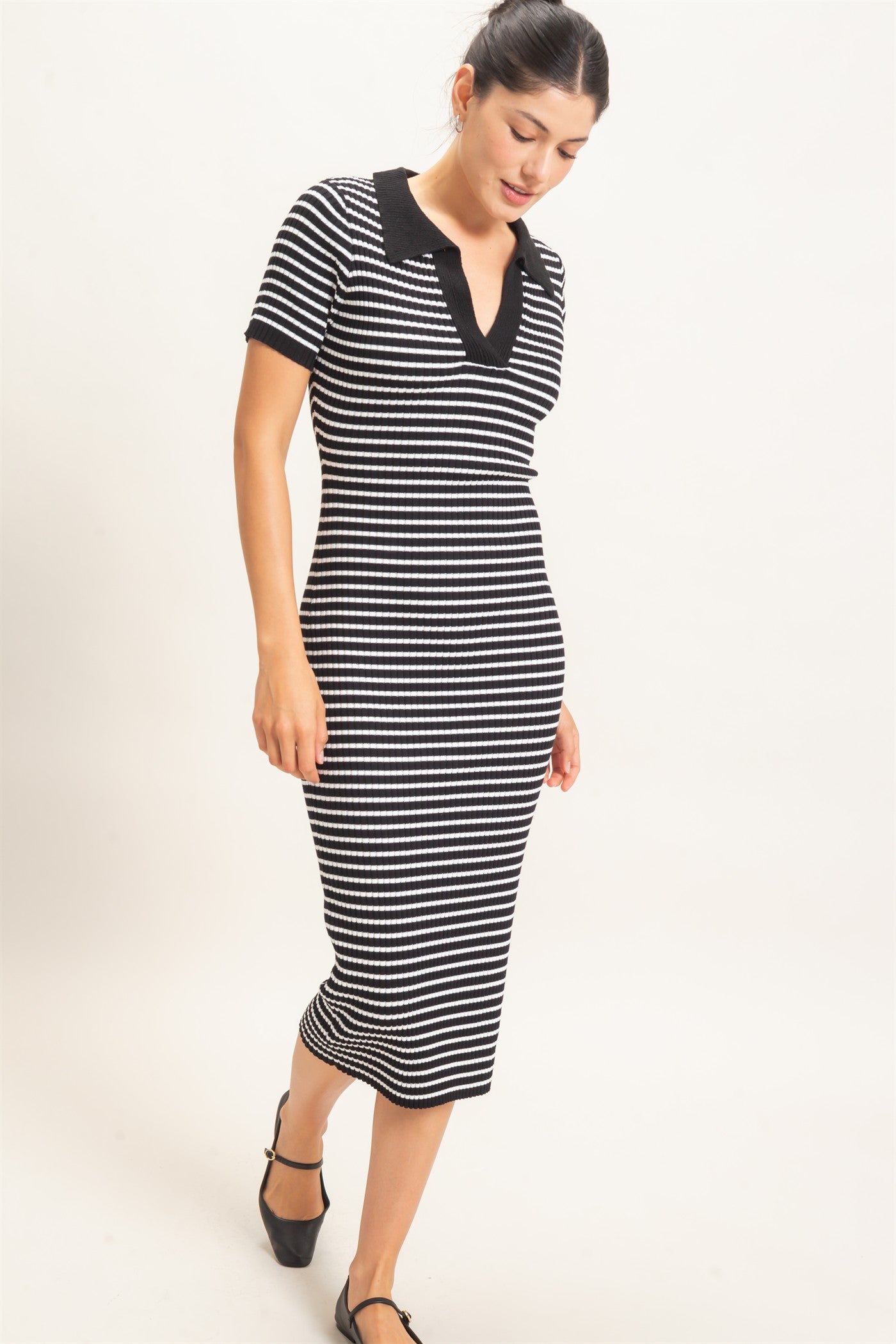 Wholesale Ribbed Collared Midi Dress Dresses HF26E216 BLACK HYFVE