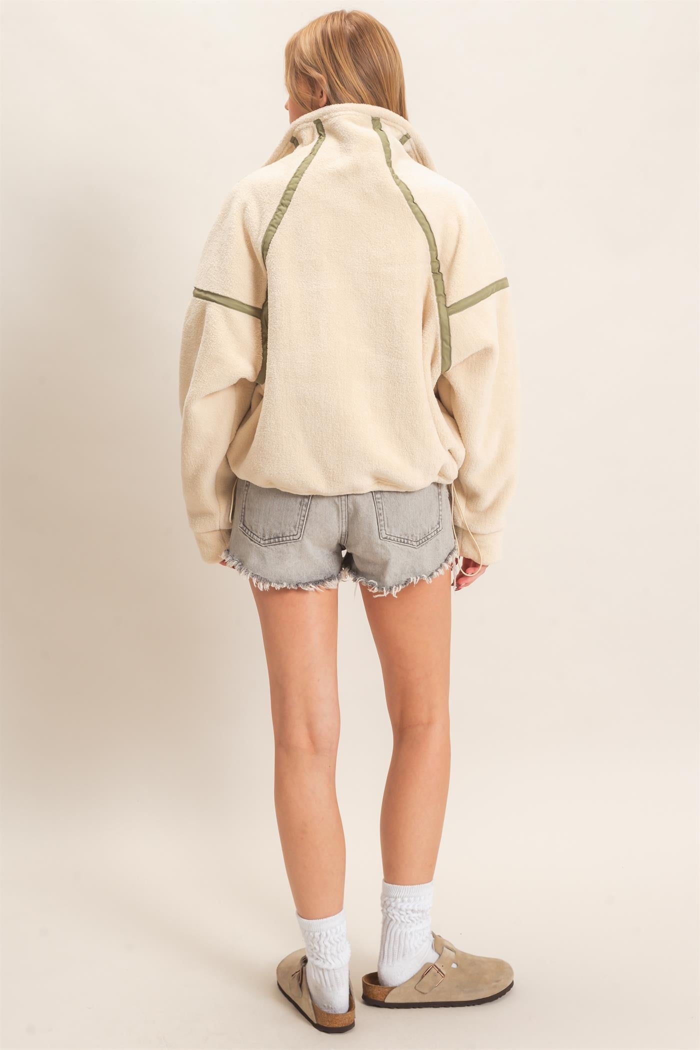 Wholesale Contrast Trim Half-Zip Fleece Pullover Outerwear HF26F206-D LIGHT BEIGE HYFVE