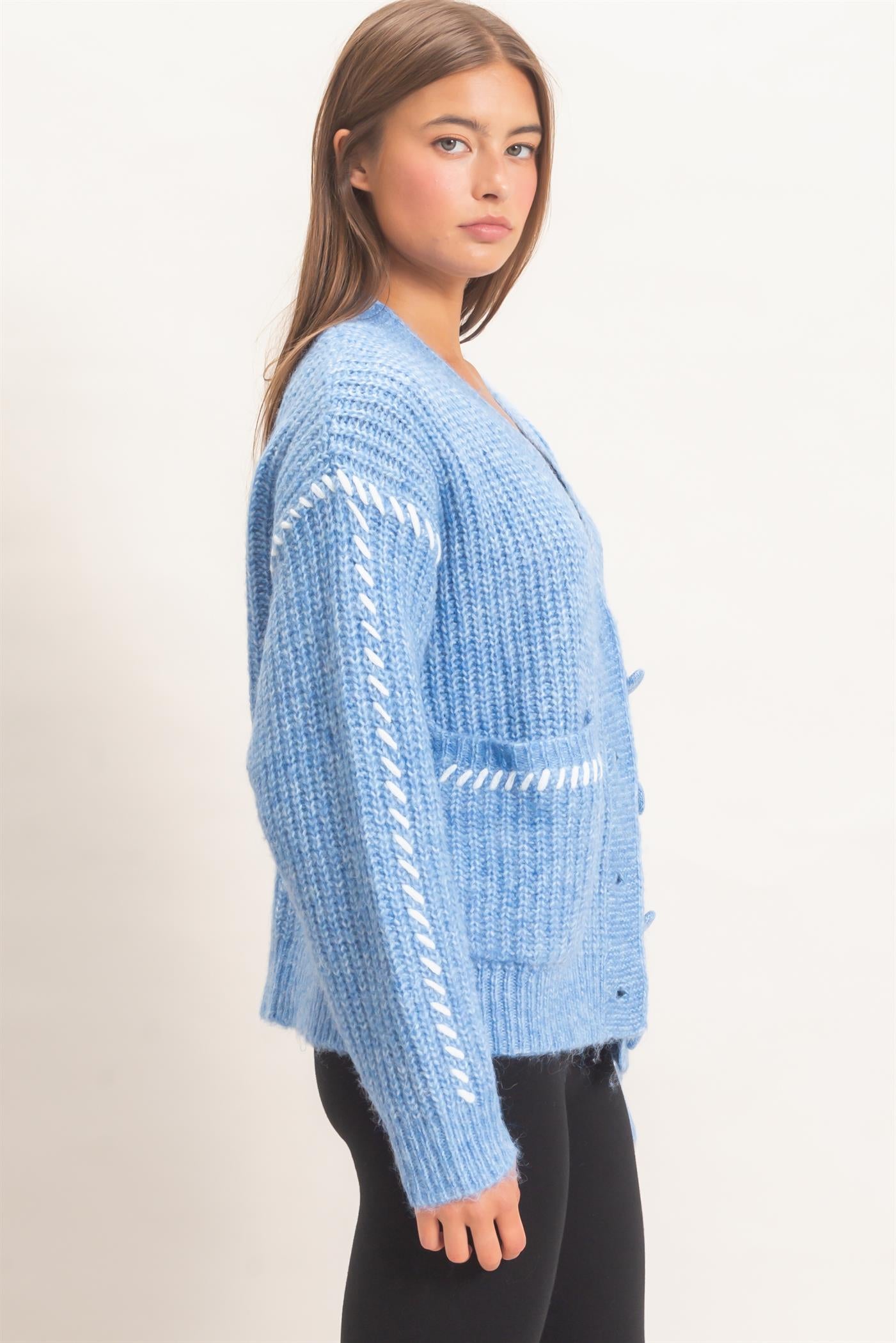 Wholesale Blanket Stitch Oversized Sweater Cardigan Cardigans DZ26E296 BLUE DOUBLE ZERO