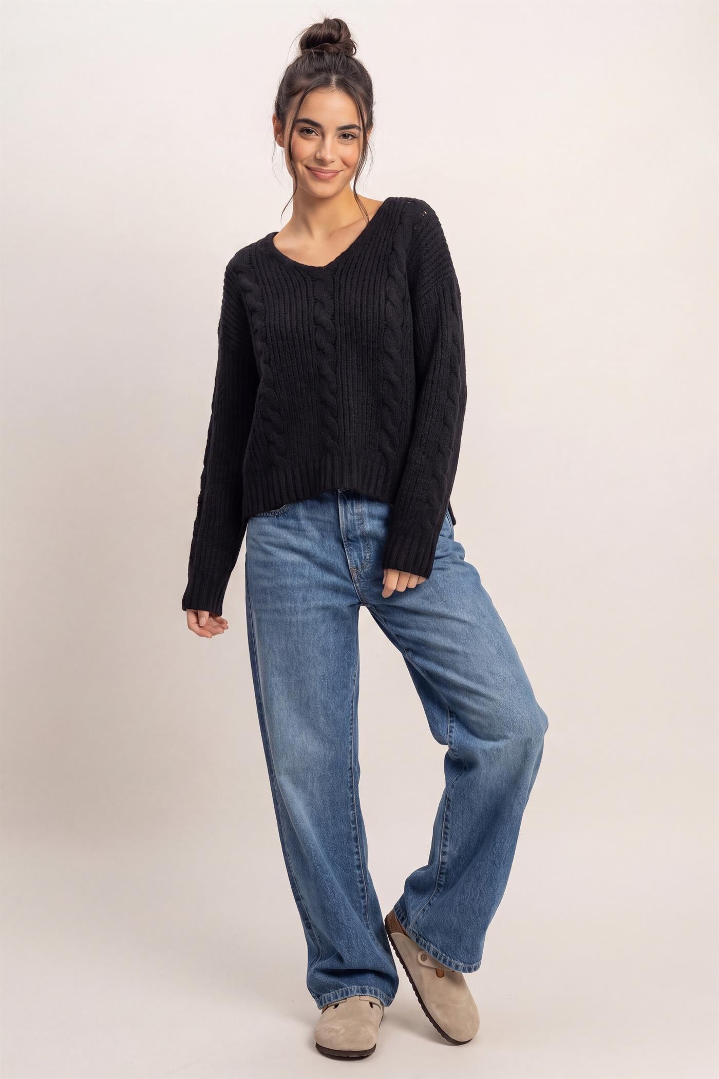Wholesale Cable Knit V-Neck Sweater Sweaters DZ26E107 BLACK DOUBLE ZERO