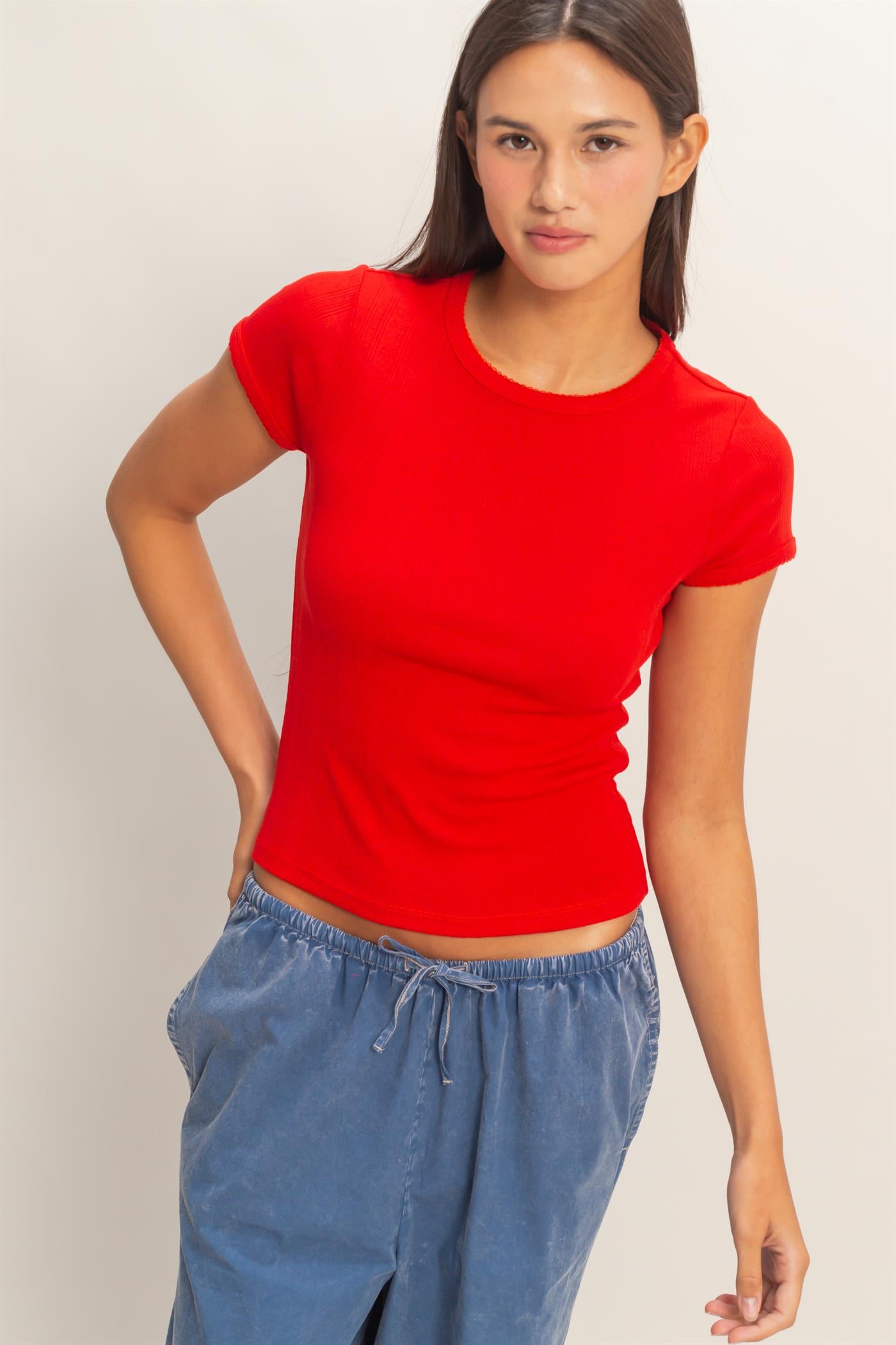 Wholesale Pointelle Short Sleeve Top Clothing Tops DZ26C285 RED DOUBLE ZERO